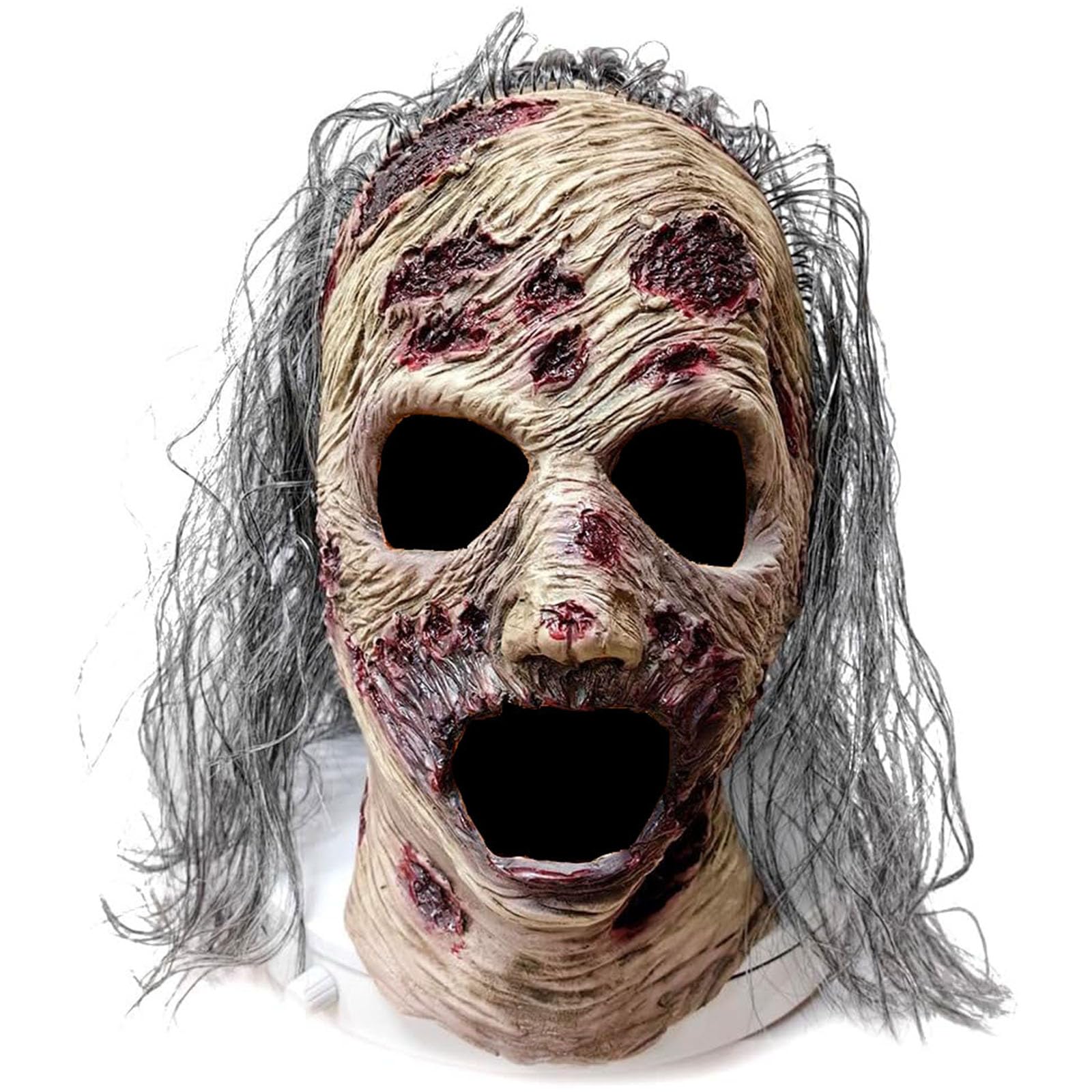 Grey Realistic Zombie Mask – Latex Horror Mask with Purple Hair & Open-Mouth Design 🧟‍♂️💀