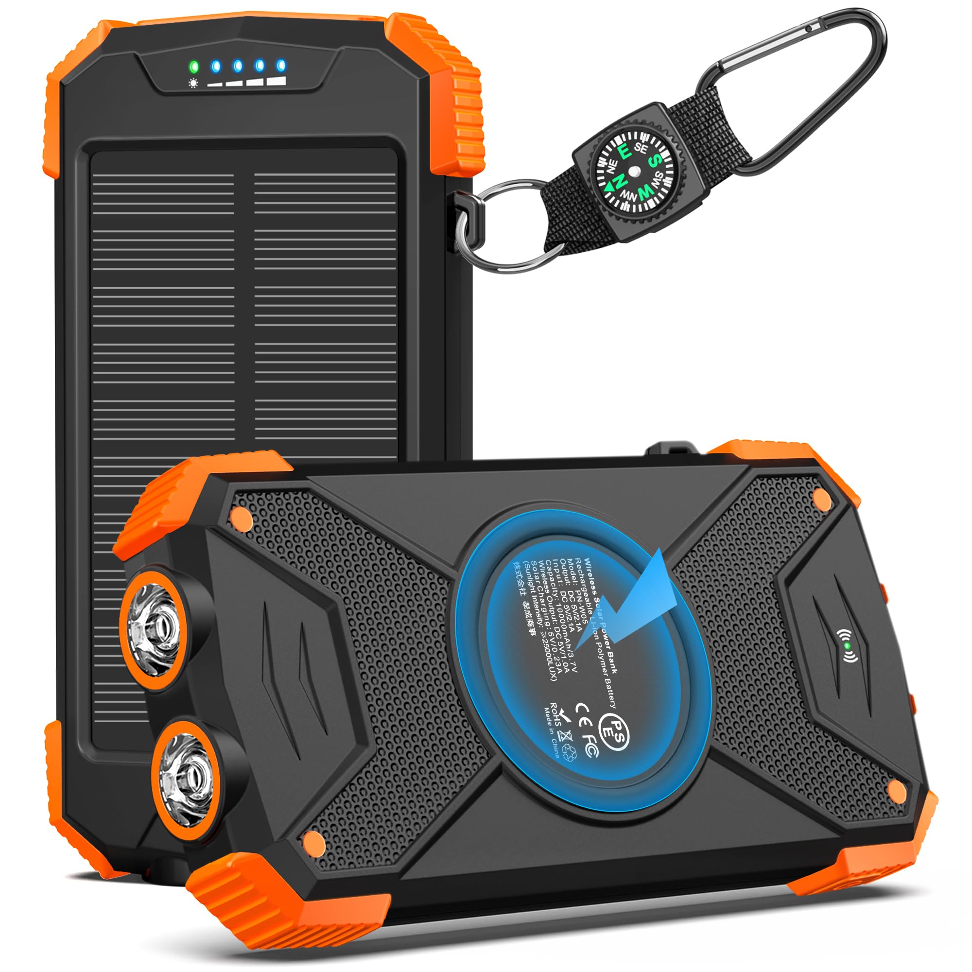 BLAVOR 10000mAh Solar Power Bank with 20W USB-C Fast Charging, Wireless Charging, Dual Flashlight & Compass – Waterproof Outdoor Portable Charger for iPhone, Samsung & Camping