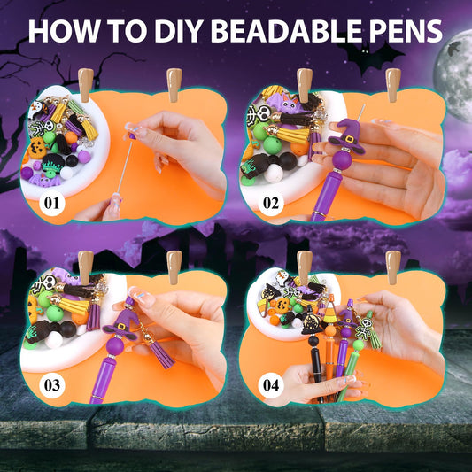 Halloween Beadable Pens Set 🎃 – 8 DIY Ballpoint Pens with Pumpkin, Ghost & Witch Beads (Green, Black, Purple, Orange)