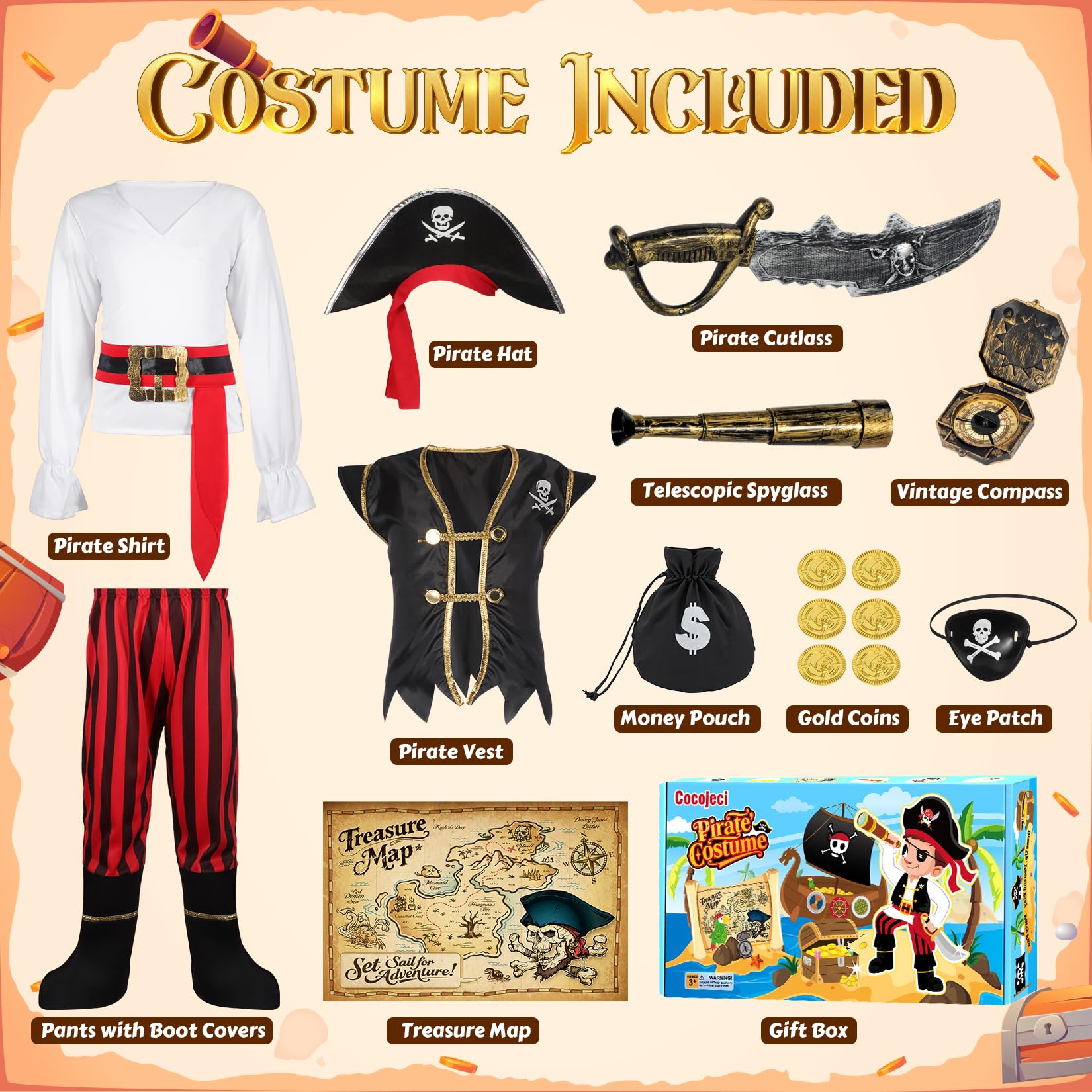 Kids All-in-One Pirate Costume Adventure Set – Red Outfit with Sword, Hat, Treasure Map, Spyglass & Gold Coins (Gift Box Ready)