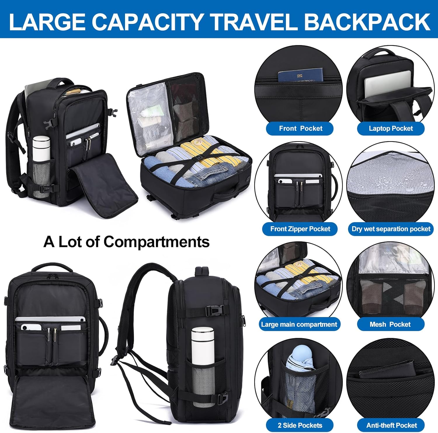25L Airplane-Approved Travel Backpack with Shoe Pouch & 15.6-Inch Laptop Compartment