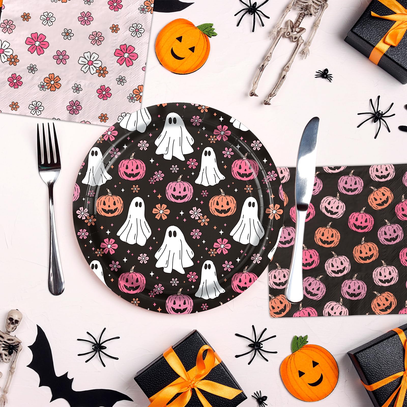 Pink & Black Halloween Party Plates Set – 60 Pcs Disposable Plates & Napkins with Pumpkin & Ghost Designs for Birthday & Baby Shower