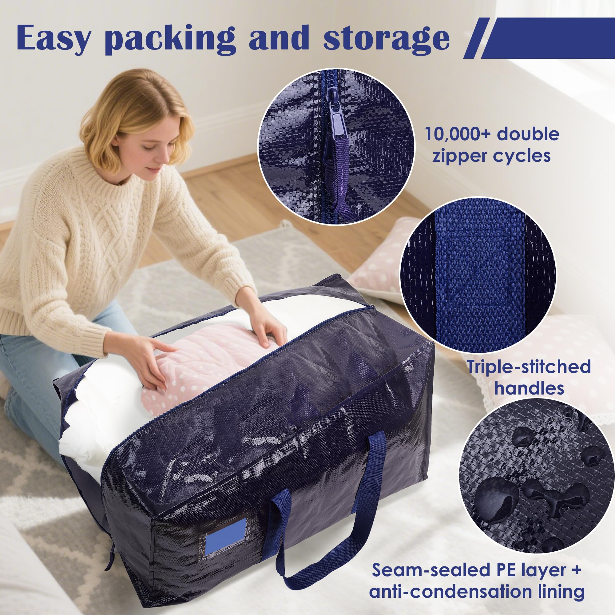 Extra Large Heavy Duty Moving Bags – Reinforced Zipper Storage & Packing Bags (Dark Blue, 6-Pack)