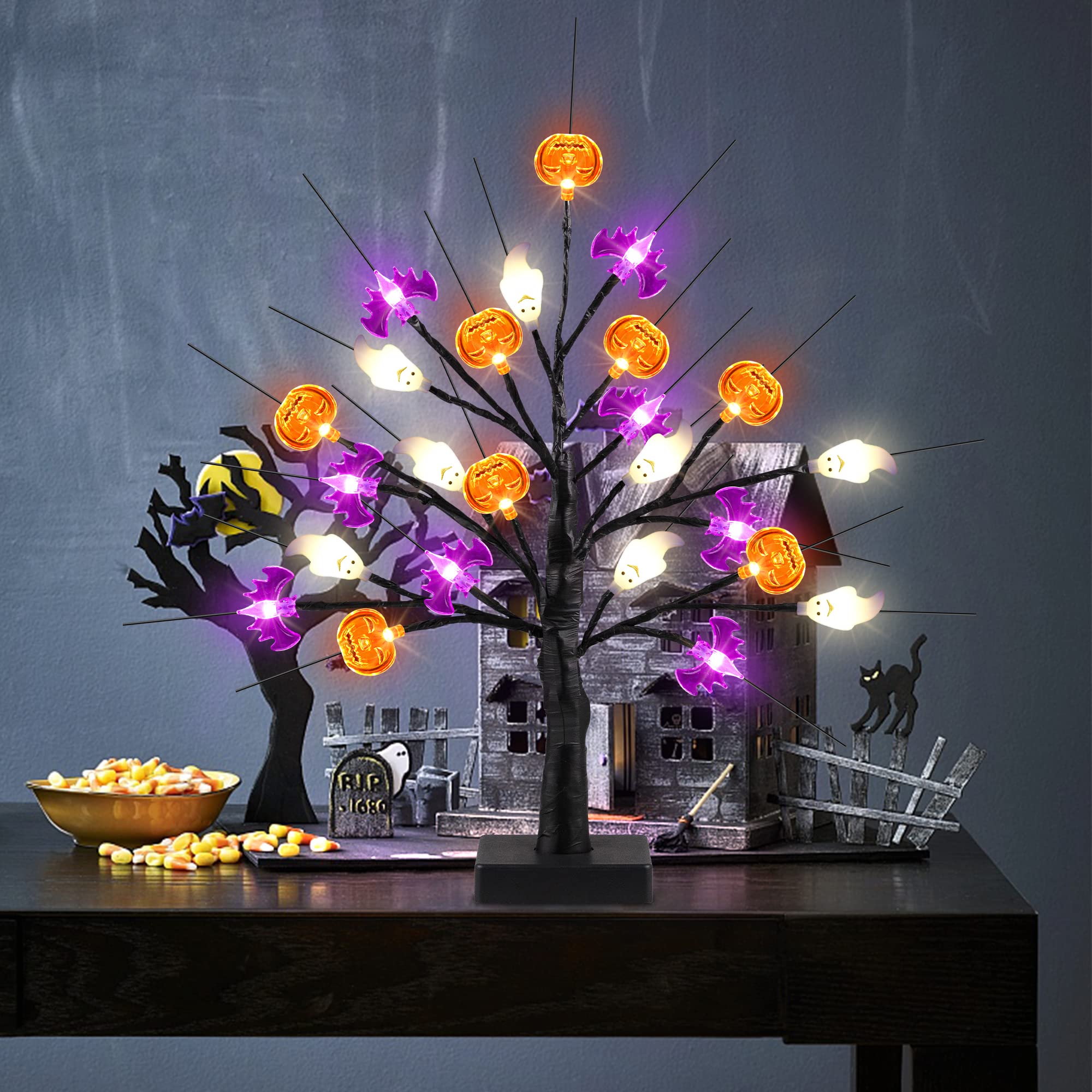 Lighted Halloween Tree – 24 LED Pumpkin, Bat & Ghost Lights with Adjustable Branches, USB or Battery Powered Tabletop Decoration (Timer Function Included)