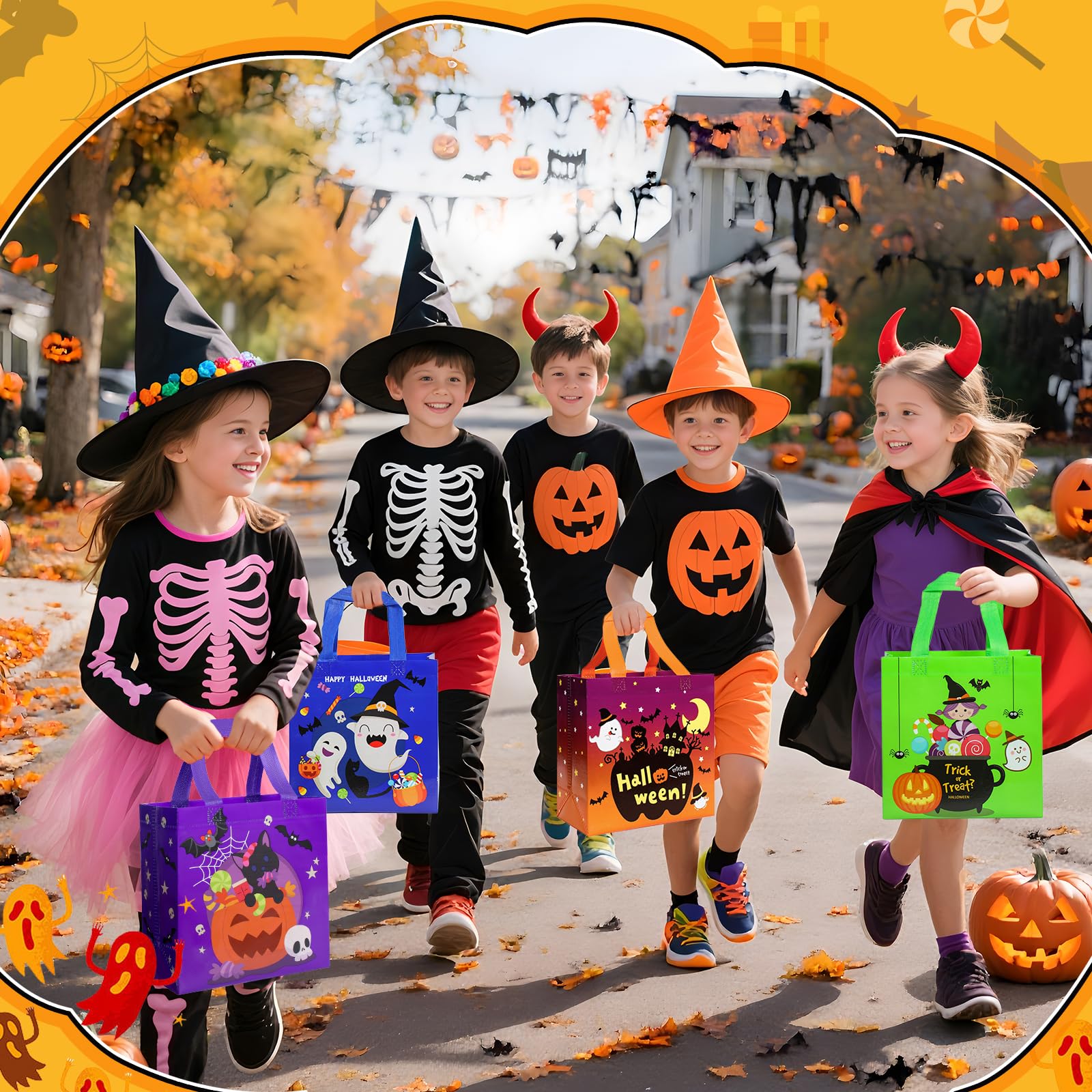 4-Pack Colorful Halloween Treat Bags with Handles – Reusable Non-Woven Gift Totes with Cute Pumpkin, Witch & Ghost Designs