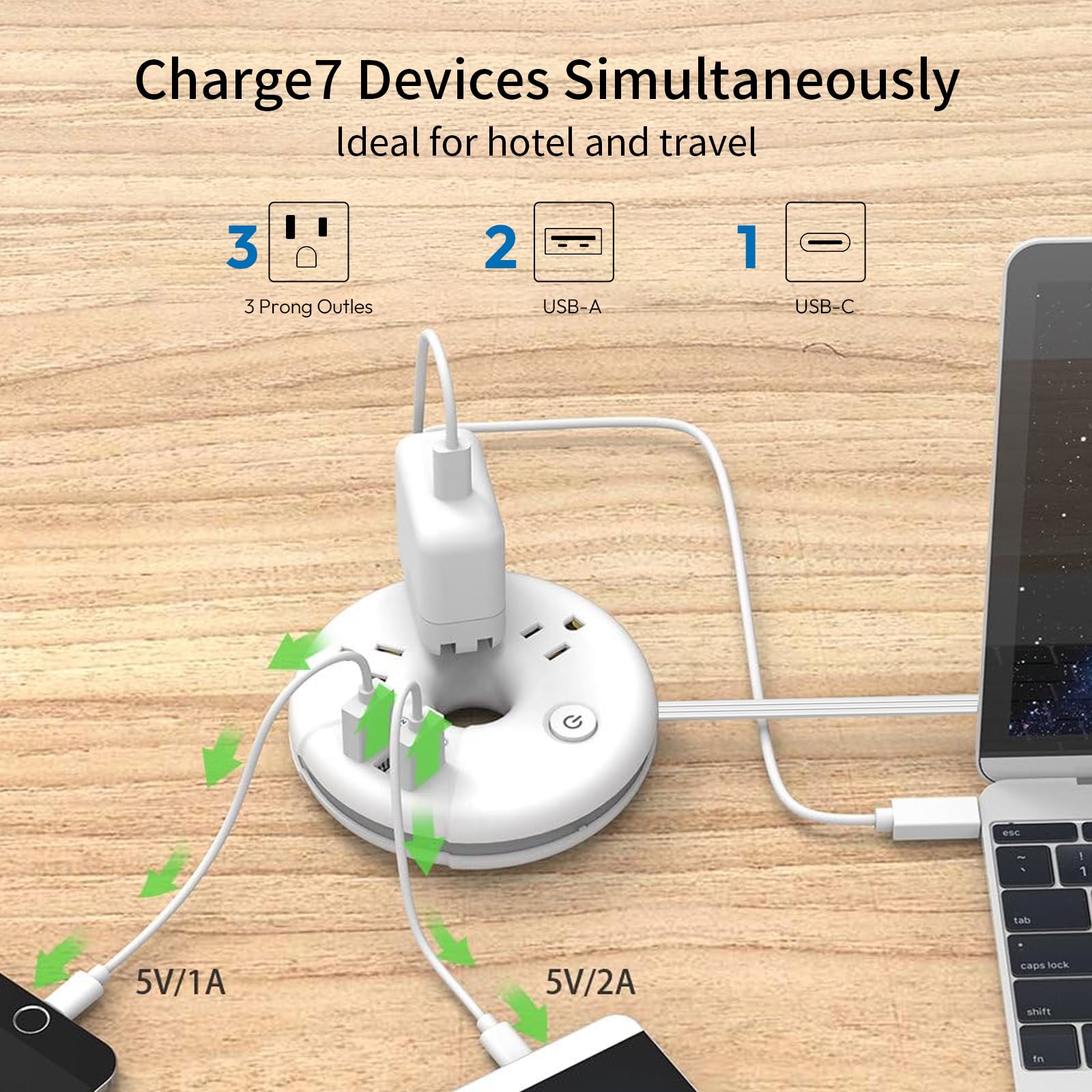 Compact Travel Power Strip with 3 Outlets & 3 USB Ports – Desktop Charging Station with 3ft Cord (White)