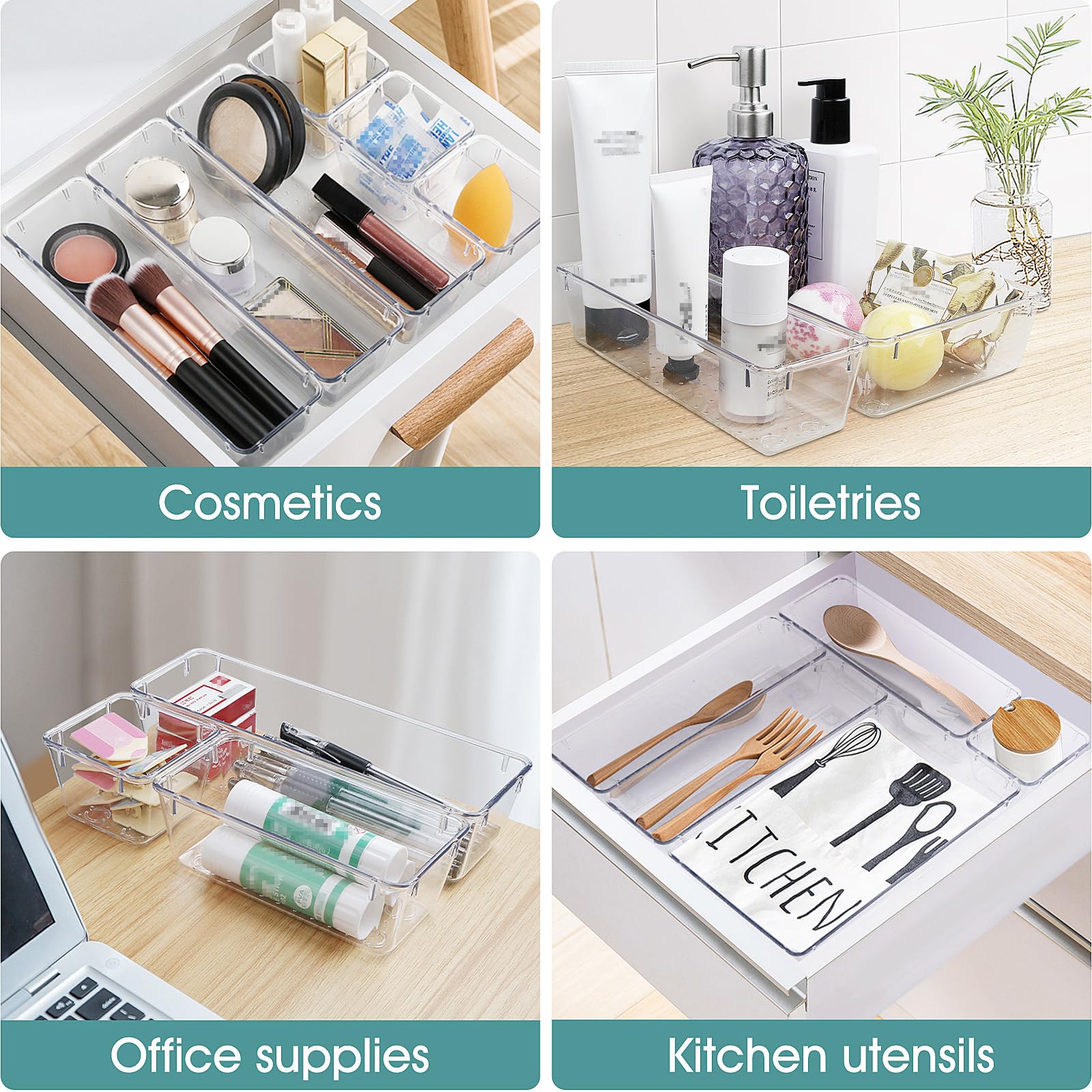Clear Drawer Organizer Set (25-Piece) – Stackable Non-Slip Storage Trays for Kitchen, Bathroom, Office & Vanity
