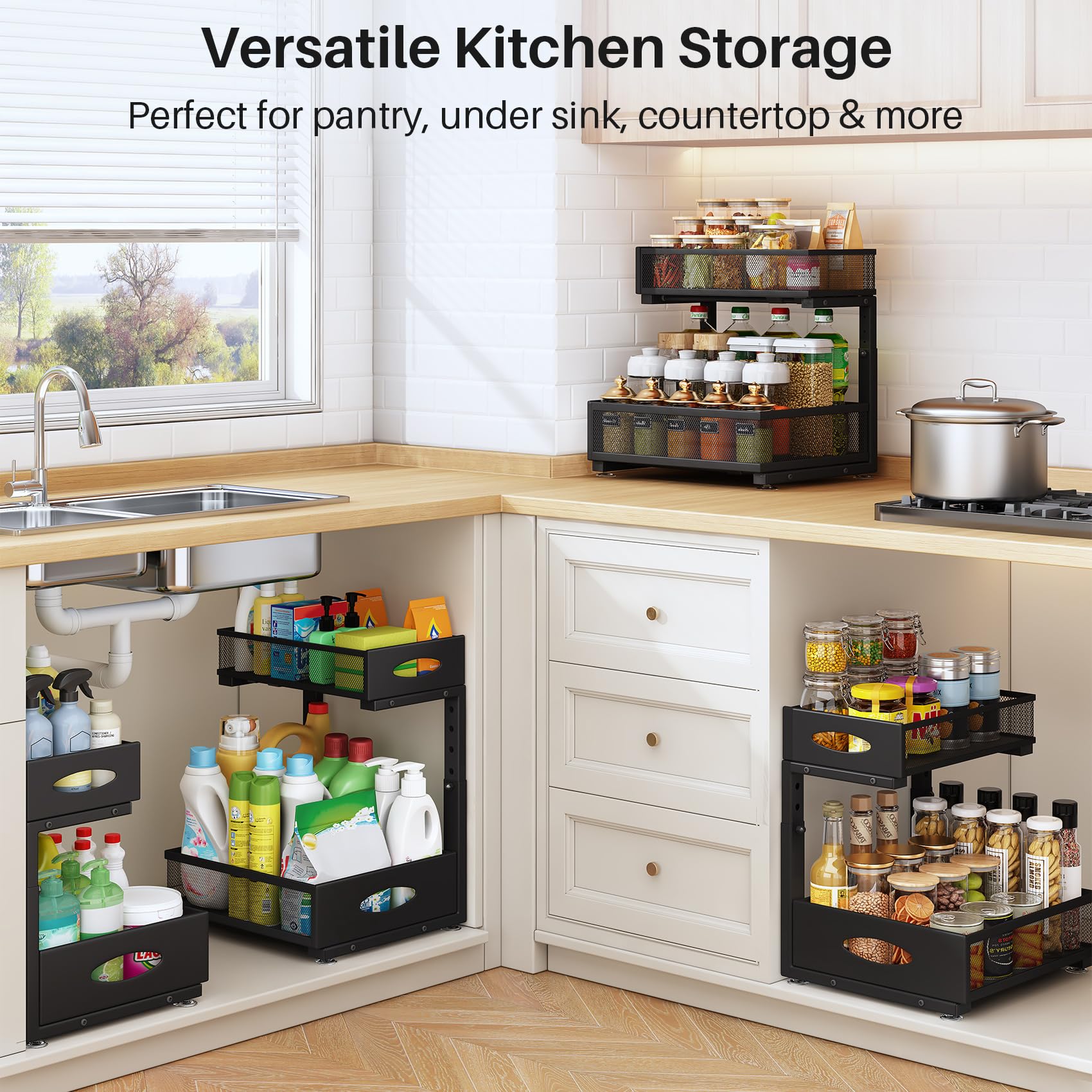 Extra-Large 2-Tier Under Sink Organizer (2-Pack) – Heavy-Duty Mesh Pull-Out Drawers for Framed & Frameless Cabinets, Black