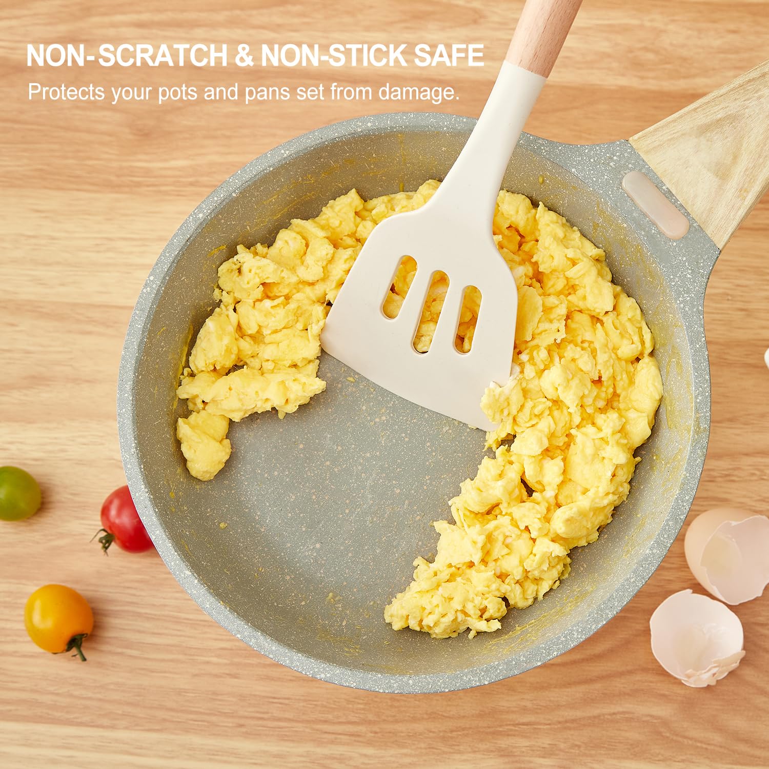 34-Piece Silicone Kitchen Utensil Set with Wooden Handles – Heat Resistant, Non-Stick Safe (Cream White)