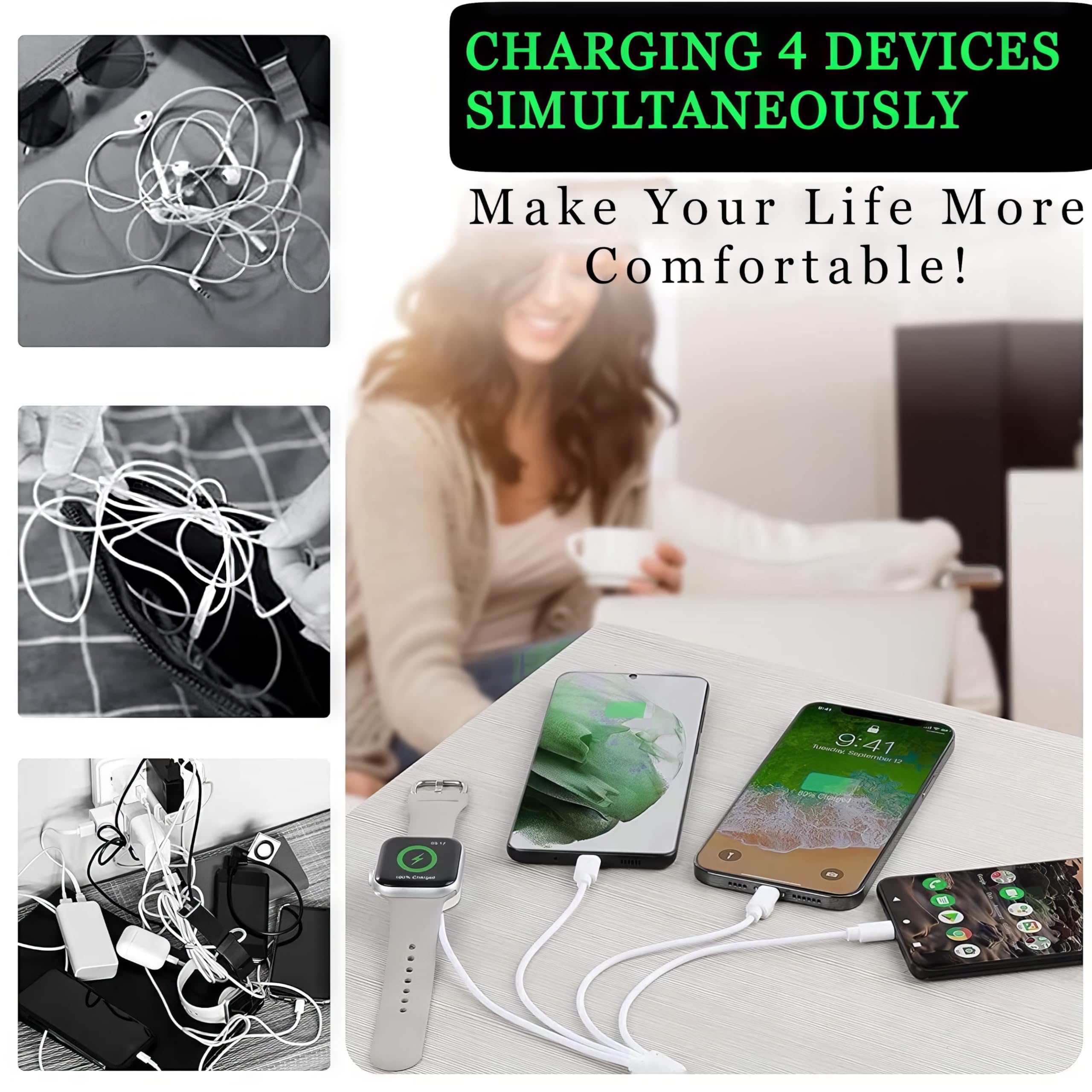 4-in-1 Multi Charging Cable for Apple Watch & iPhone – Universal Travel Charger Cord (4FT)