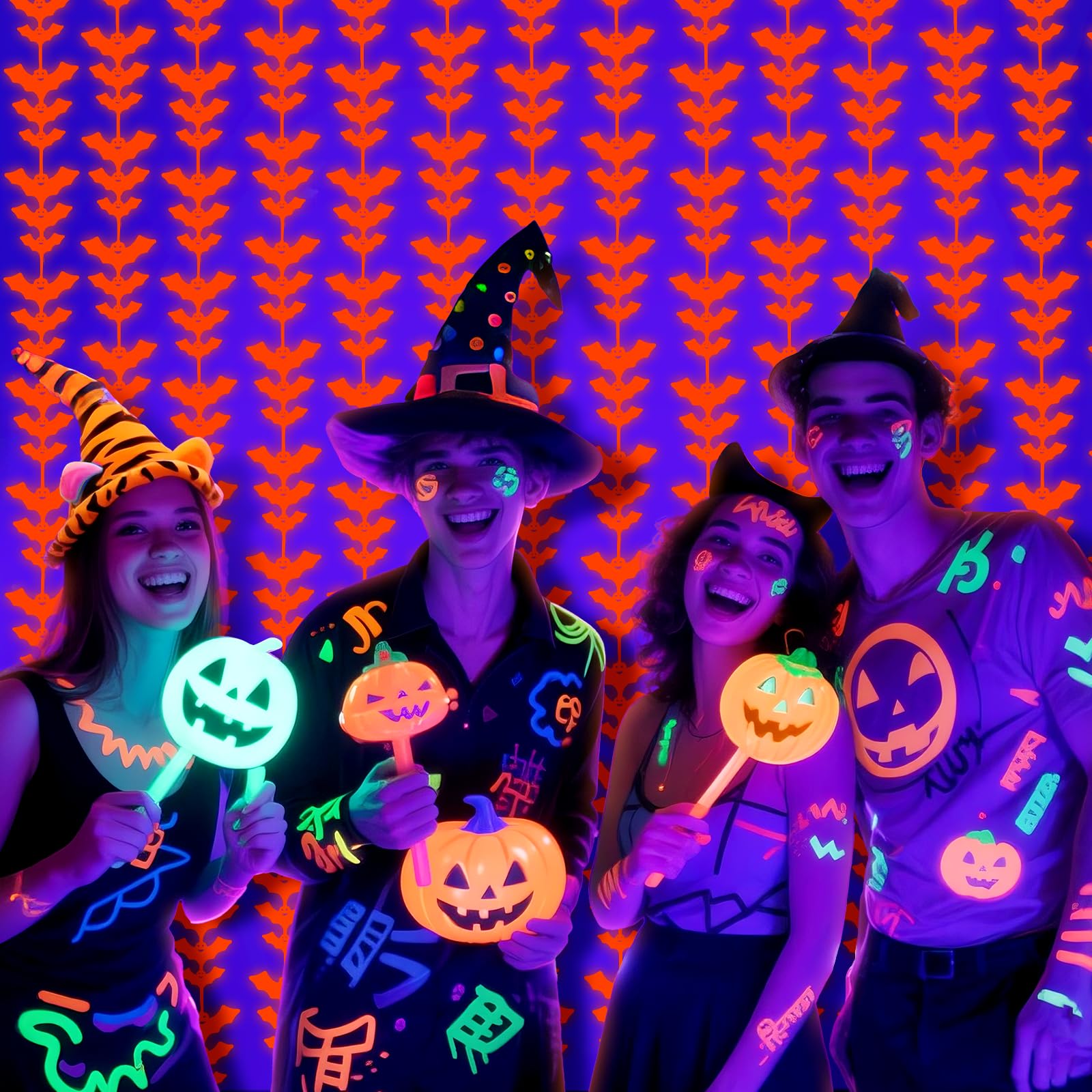 Halloween Glow in the Dark Bat Foil Fringe Curtains – 2 Pack Fluorescent Orange Tinsel Backdrop for Neon Party & Photo Booth (3.3x6.6ft)