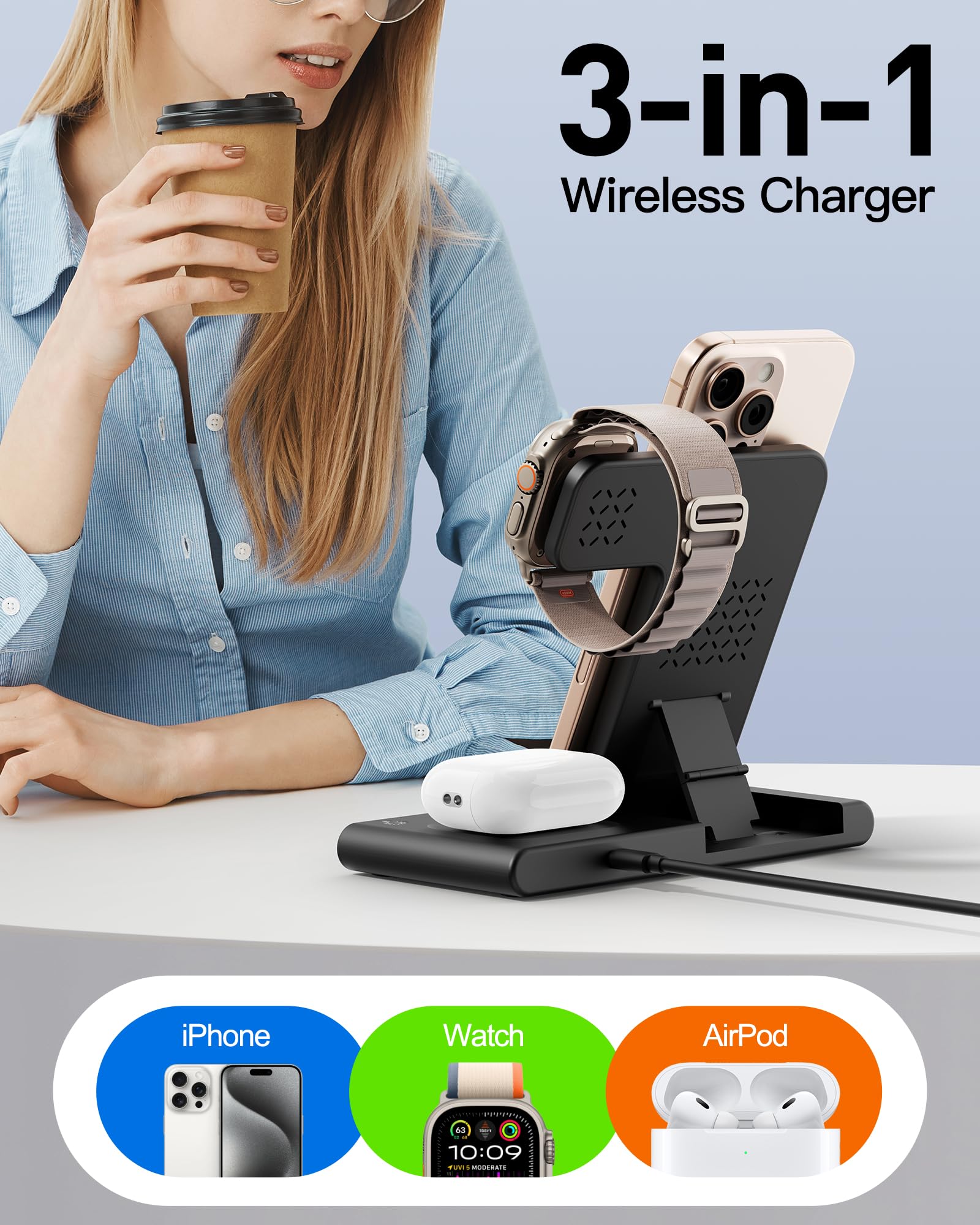 3-in-1 Foldable Wireless Charging Station for iPhone, Apple Watch & AirPods – Fast Travel Charging Dock Black