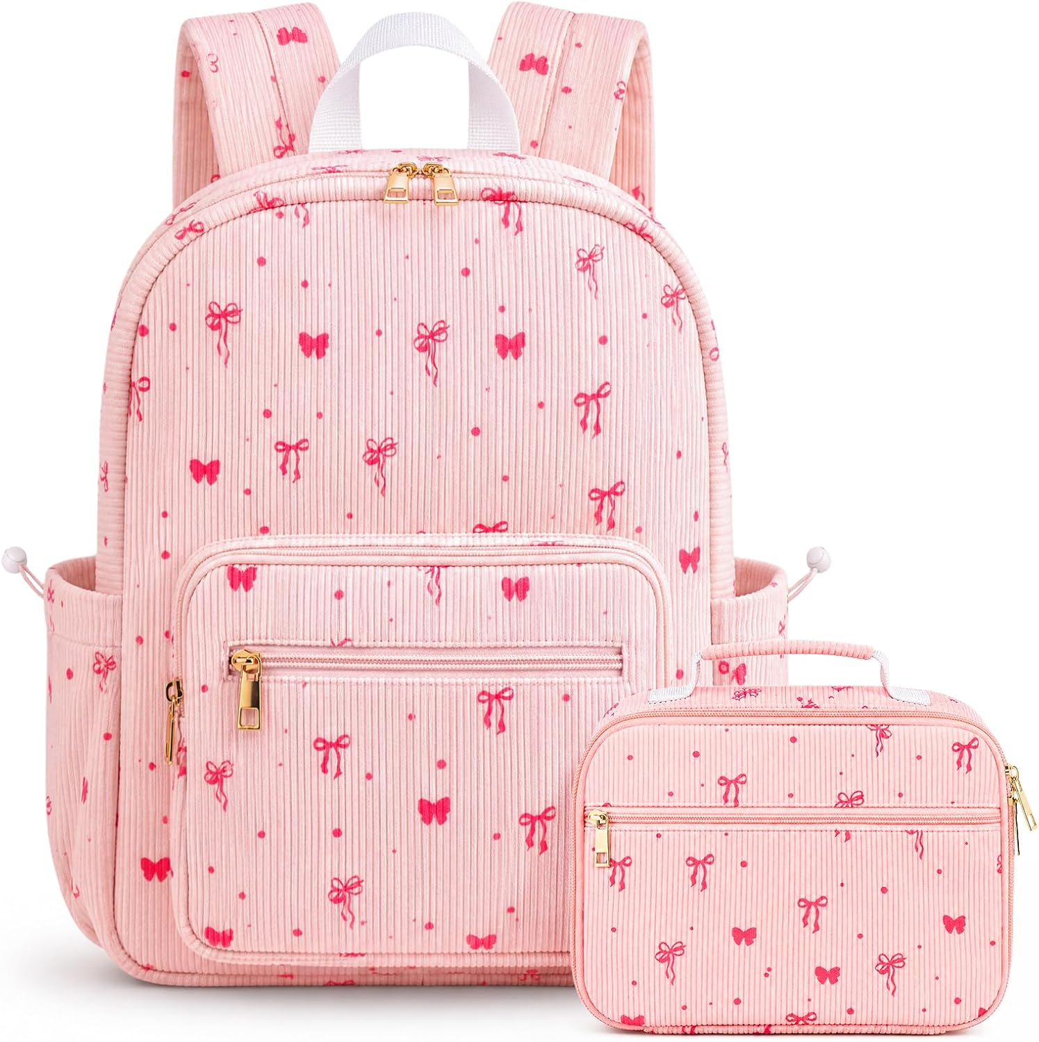 Pink Bow Corduroy Backpack Set with Lunch Bag