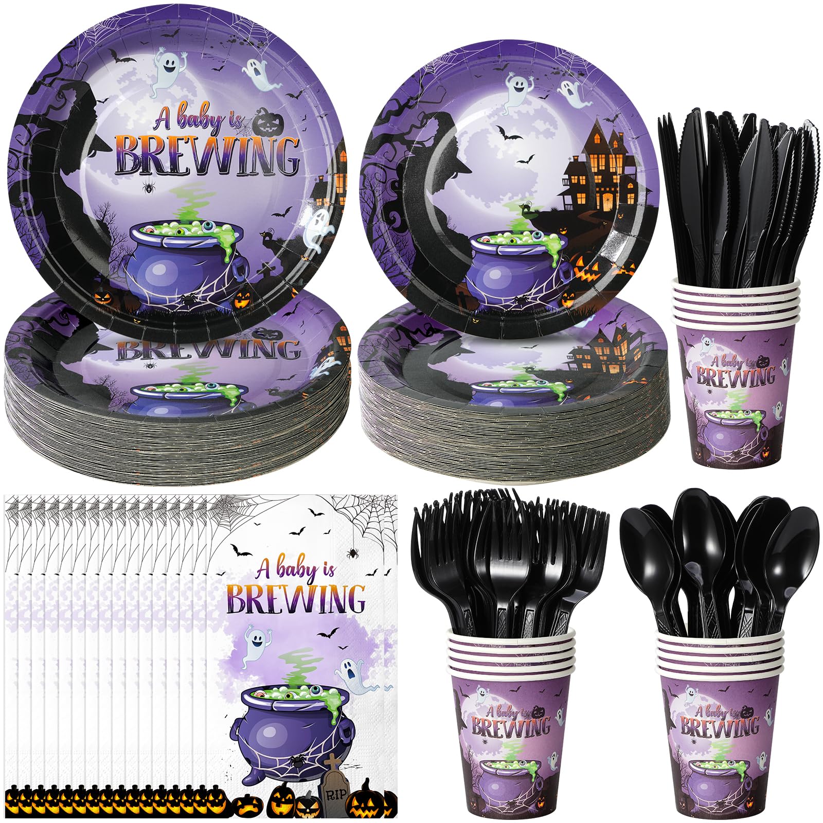 Halloween Baby Shower Party Supplies Set – Purple “A Baby is Brewing” Plates, Cups, Napkins & Cutlery for 25 Guests