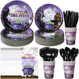 Halloween Baby Shower Party Supplies Set – Purple “A Baby is Brewing” Plates, Cups, Napkins & Cutlery for 25 Guests