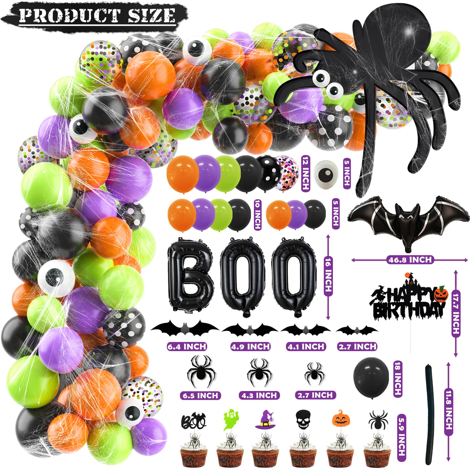 Halloween Birthday Decorations Party Supplies Halloween Themed Party Favors 105 Pcs Including Spider Web, Backdrop, Tablecloth, Cake Toppers, Spider Bat Wall Stickers, Balloons Arch and kit