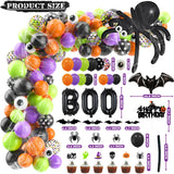 Halloween Birthday Decorations Party Supplies Halloween Themed Party Favors 105 Pcs Including Spider Web, Backdrop, Tablecloth, Cake Toppers, Spider Bat Wall Stickers, Balloons Arch and kit