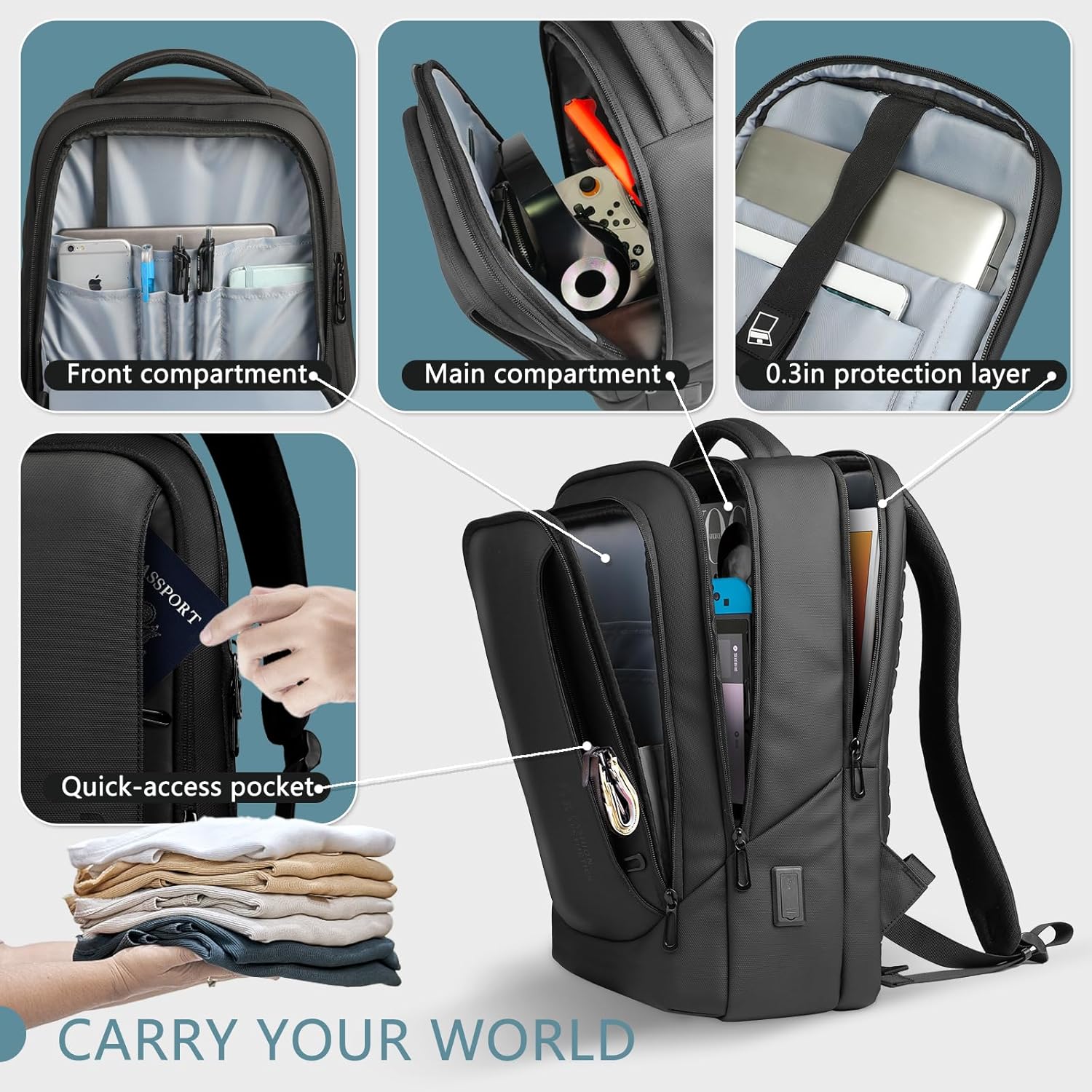 15.6" Laptop Backpack with USB Charging Port - Waterproof Business Travel & Work Daypack