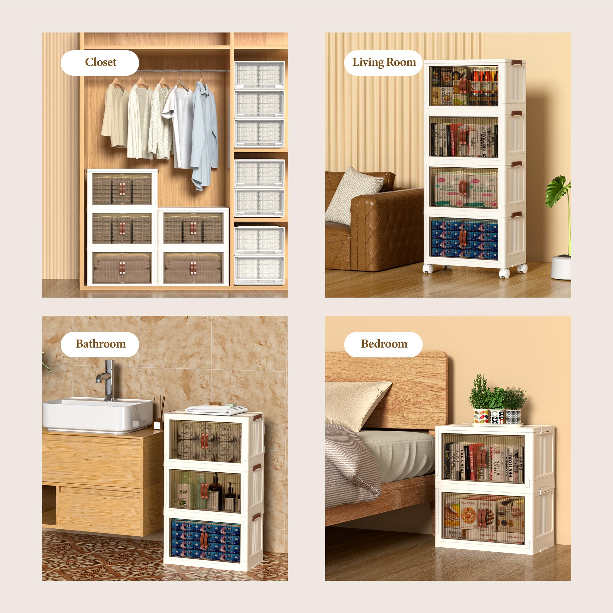 Spylandy Stackable Collapsible Storage Bins with Lids – Space-Saving Closet & Home Organizers (White, 4-Tier, 9-Gallon)