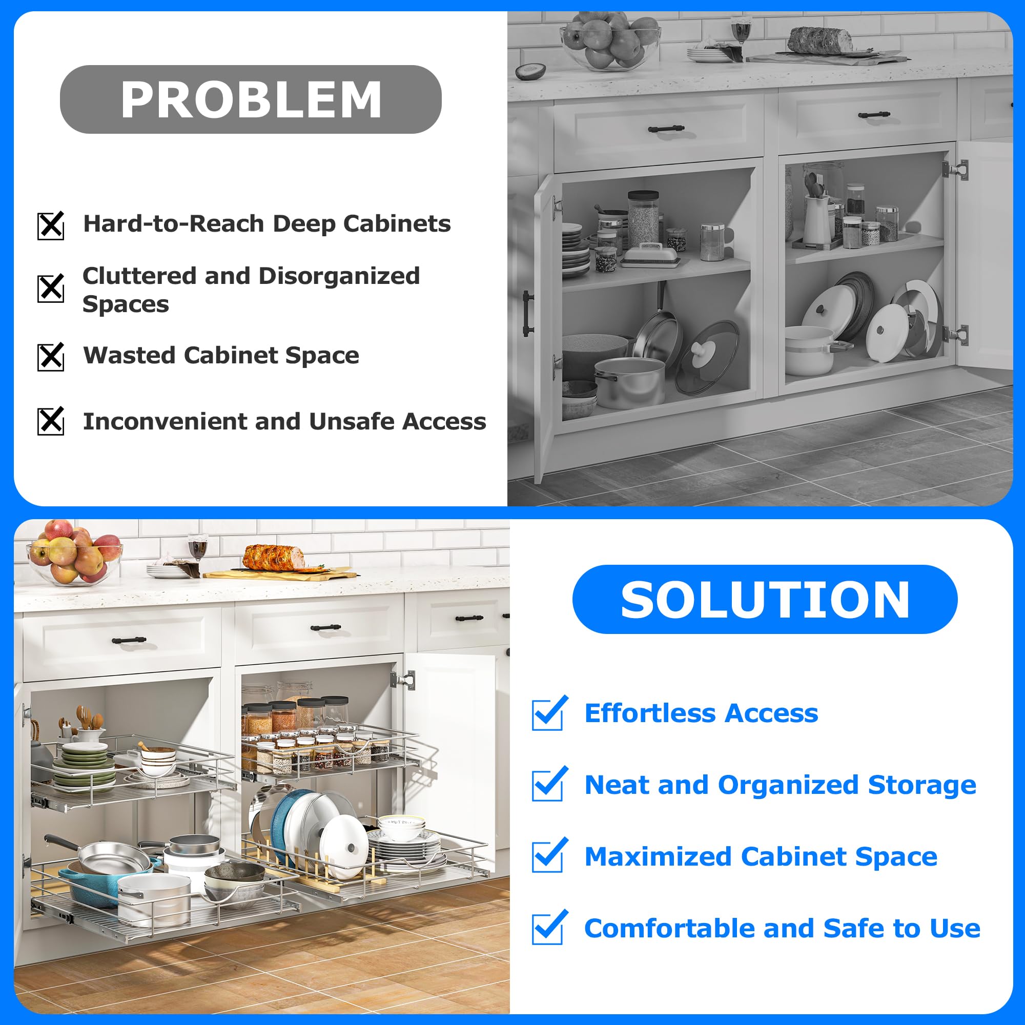 2-Tier Pull-Out Kitchen Cabinet Organizer with Soft-Close Slides – Heavy-Duty Pantry Drawer Shelf with Non-Slip Liner