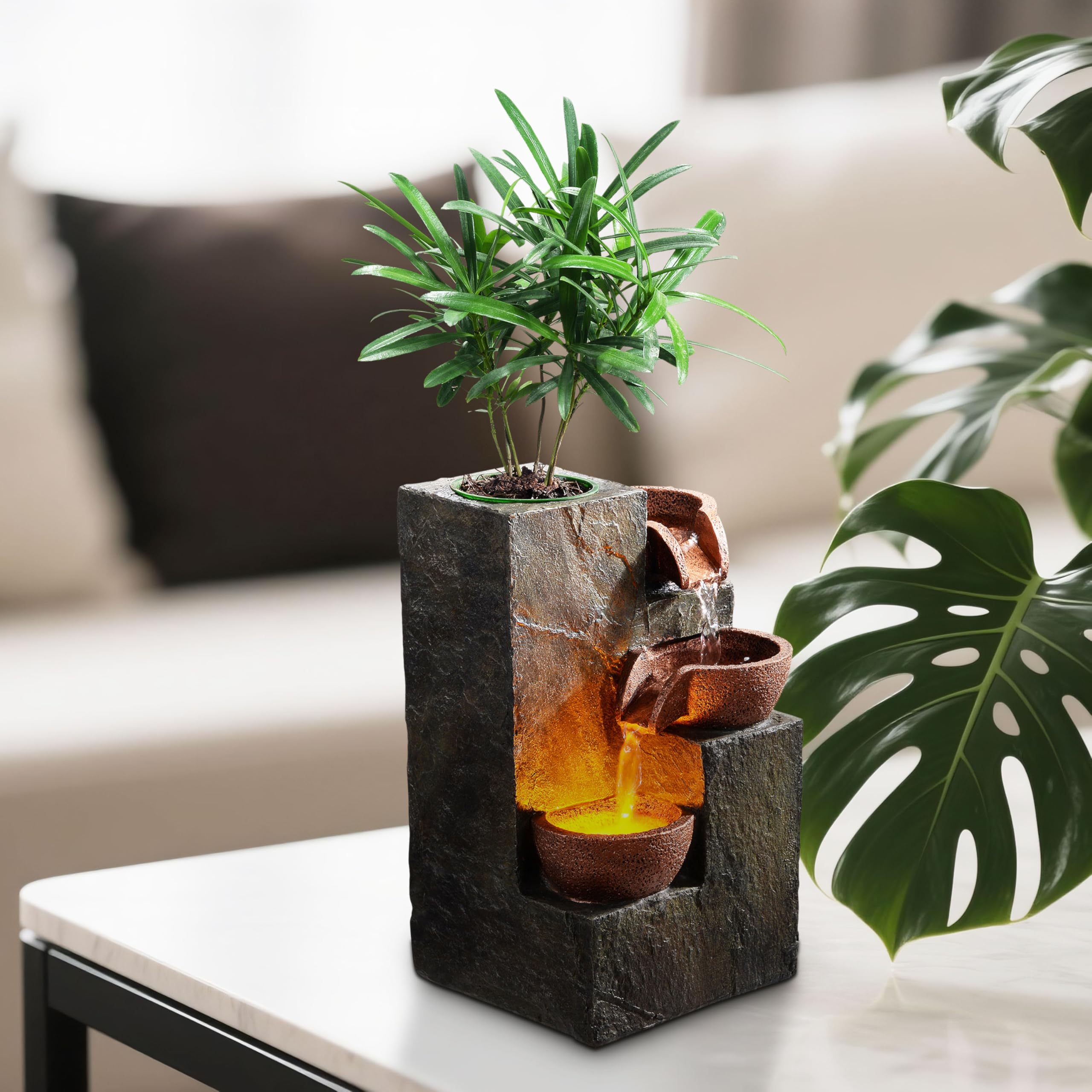 Three-Bowl Rock Tabletop Water Fountain with DIY Planter Basin & Warm LED Light (3-Bowl Rock)
