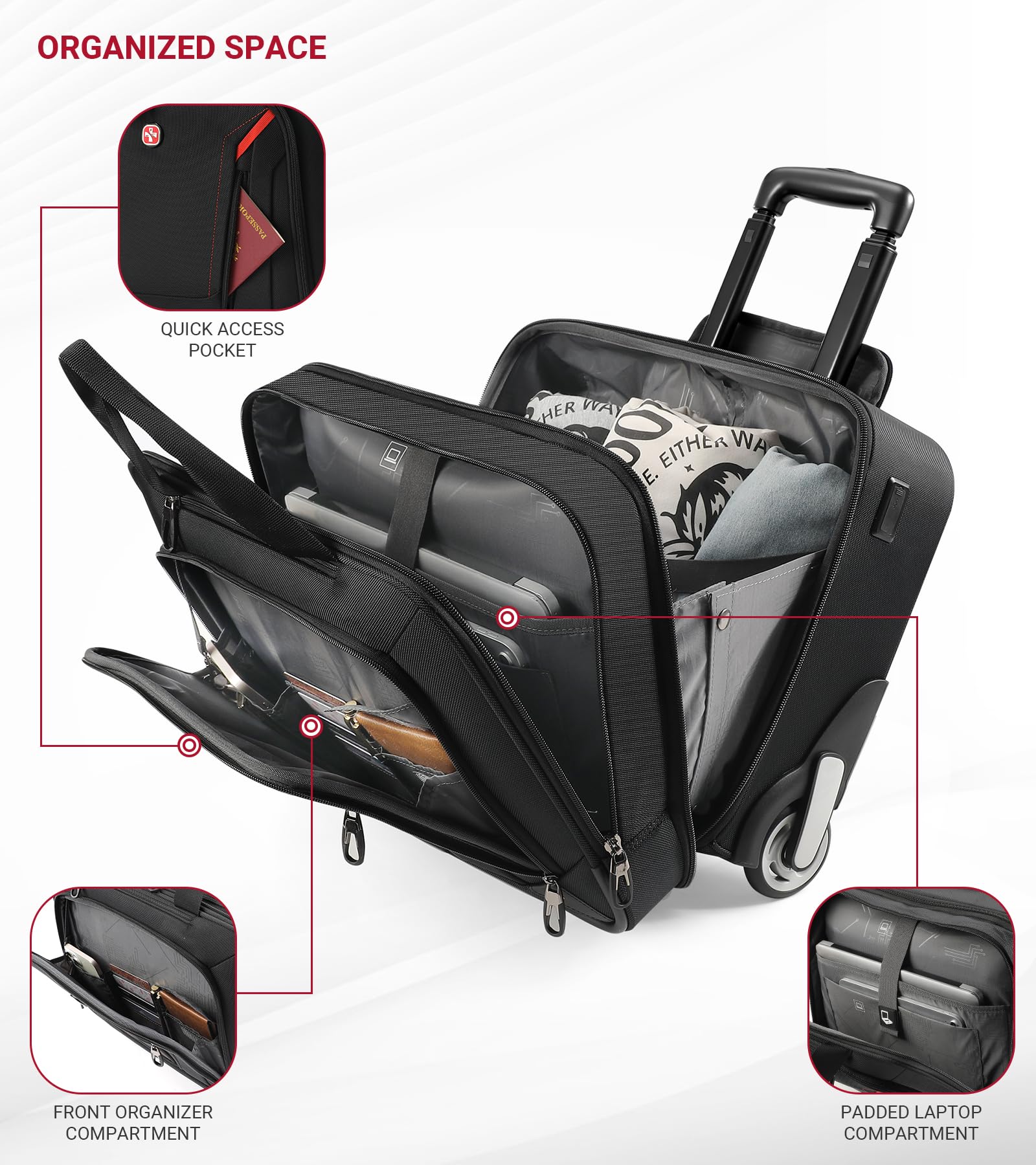 Star Cloud Rigid Frame Rolling Laptop Bag with Wheels, TSA-Friendly Underseat Carry-On Business Briefcase (Black)