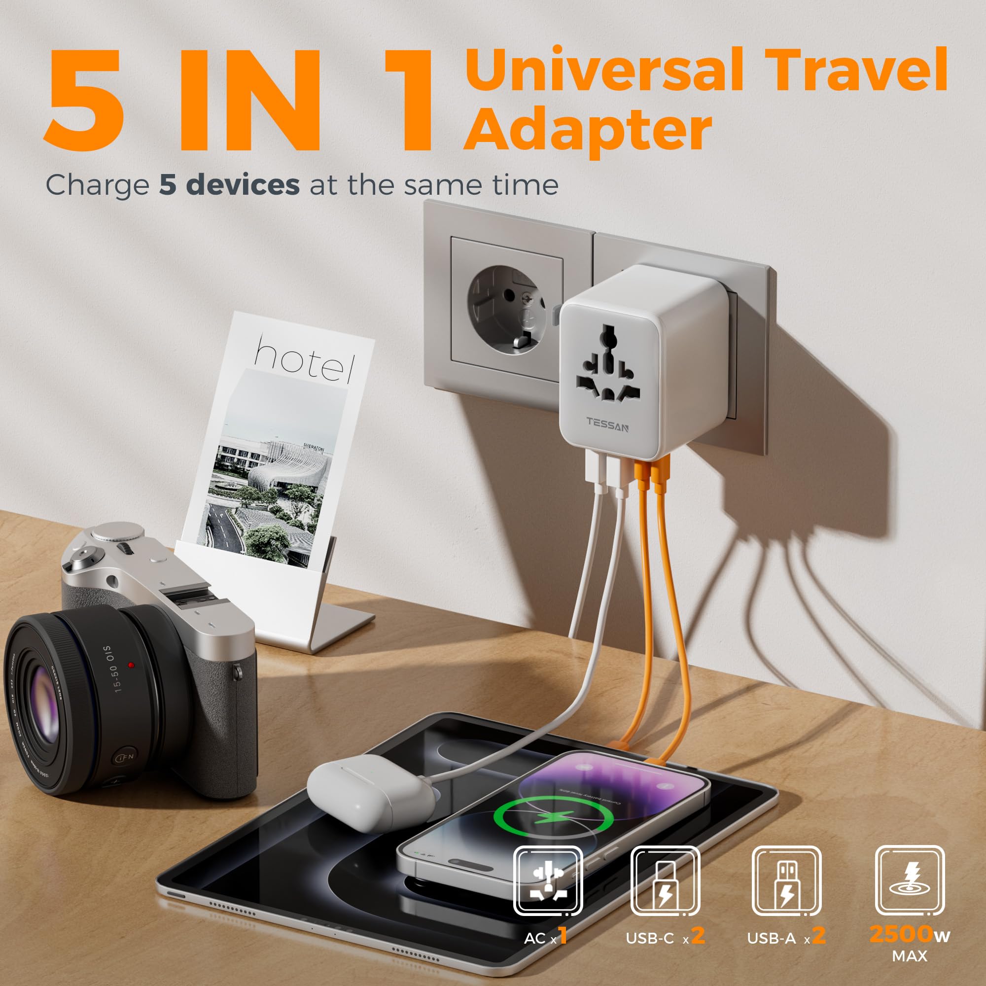 TESSAN 5-in-1 Universal Travel Adapter with Dual USB-C & 4 USB Ports, Worldwide International Plug Charger 2500W for Europe UK USA Australia – Grey 20W
