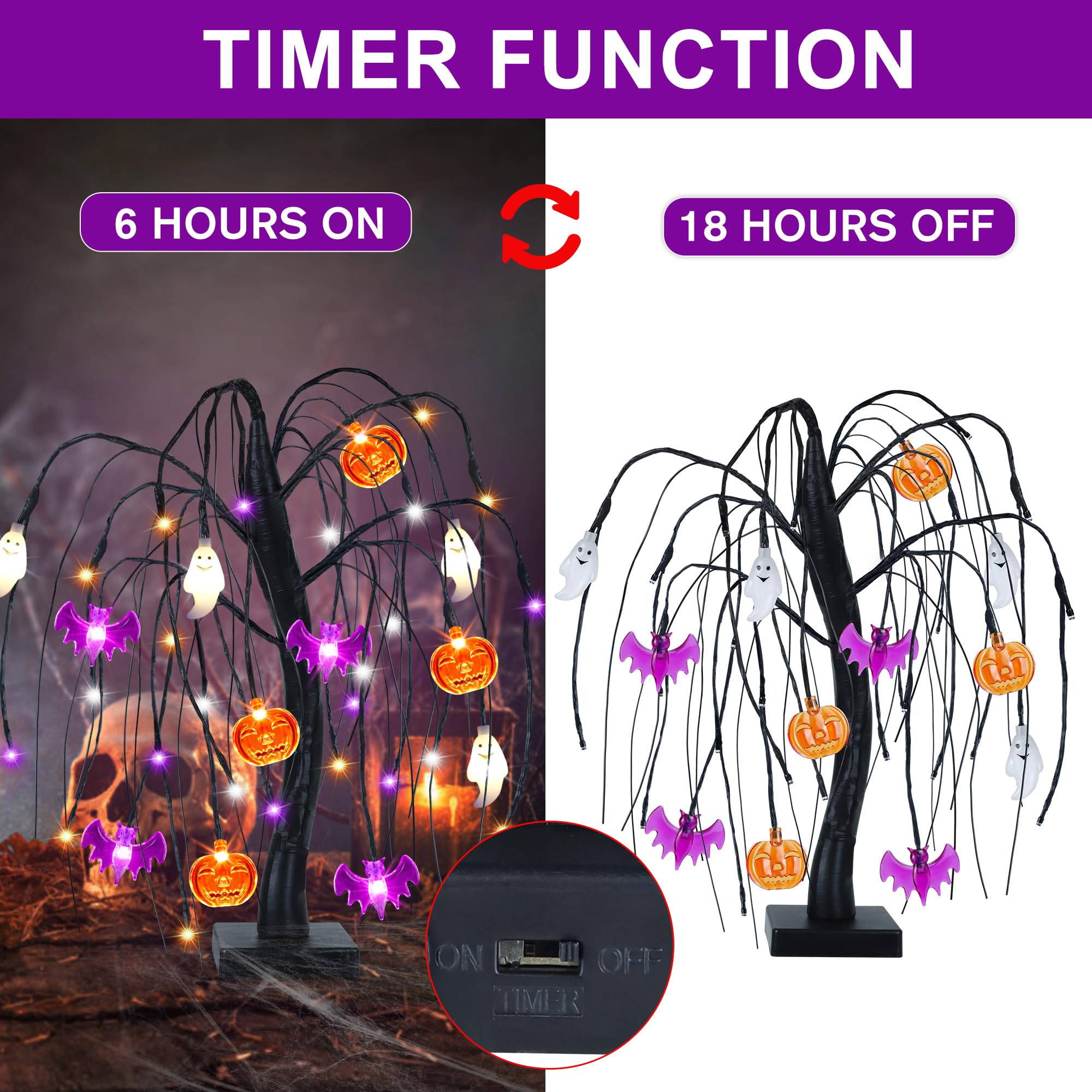 Light-Up Halloween Tree – 24 LED Black Willow Tree with Pumpkin, Bat & Ghost Ornaments (USB & Battery Powered)