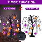 Light-Up Halloween Tree – 24 LED Black Willow Tree with Pumpkin, Bat & Ghost Ornaments (USB & Battery Powered)