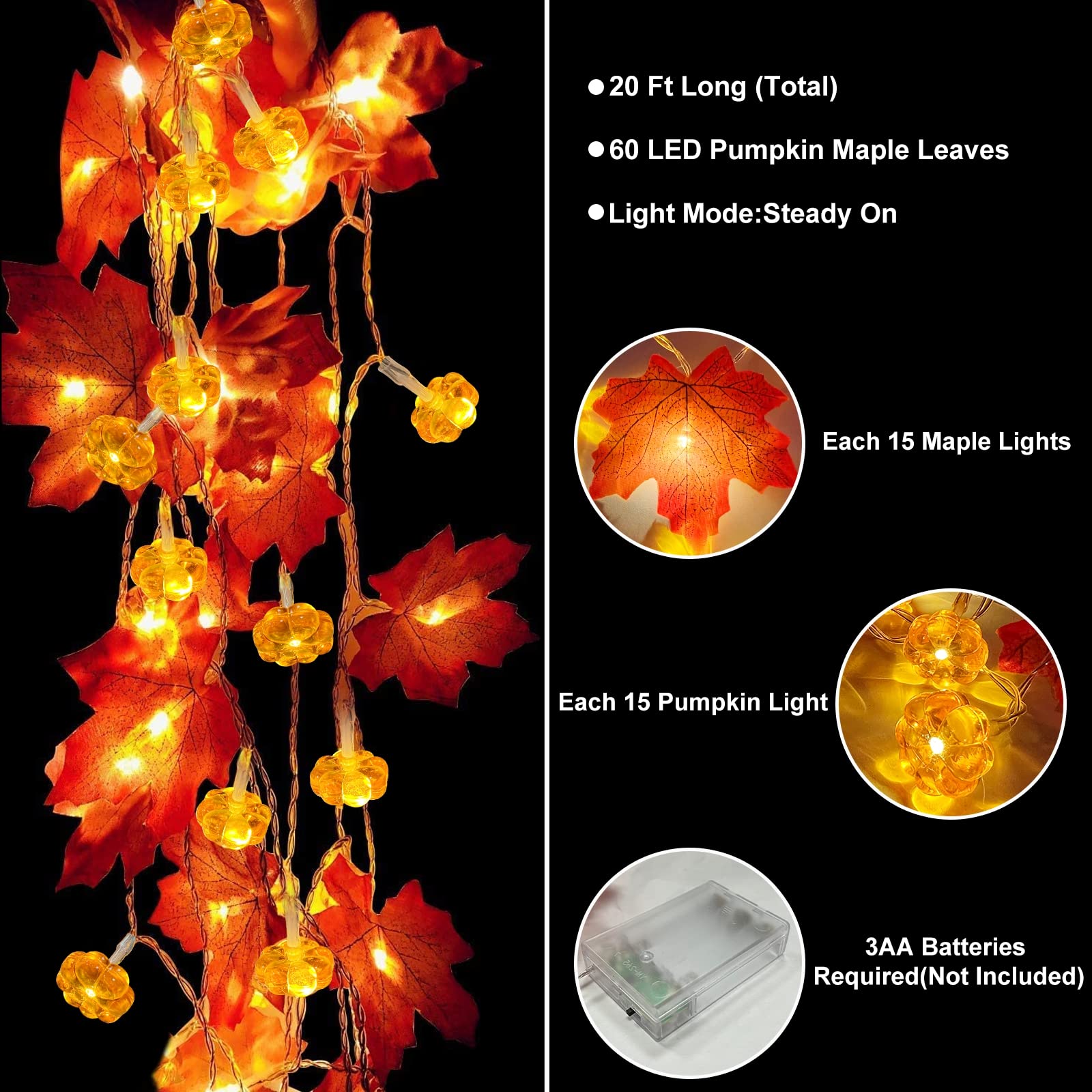 Maple Leaf & Pumpkin Fall Garland Lights – 20FT 60 LED Battery Operated with Timer (2-Pack, Warm White, Indoor/Outdoor)