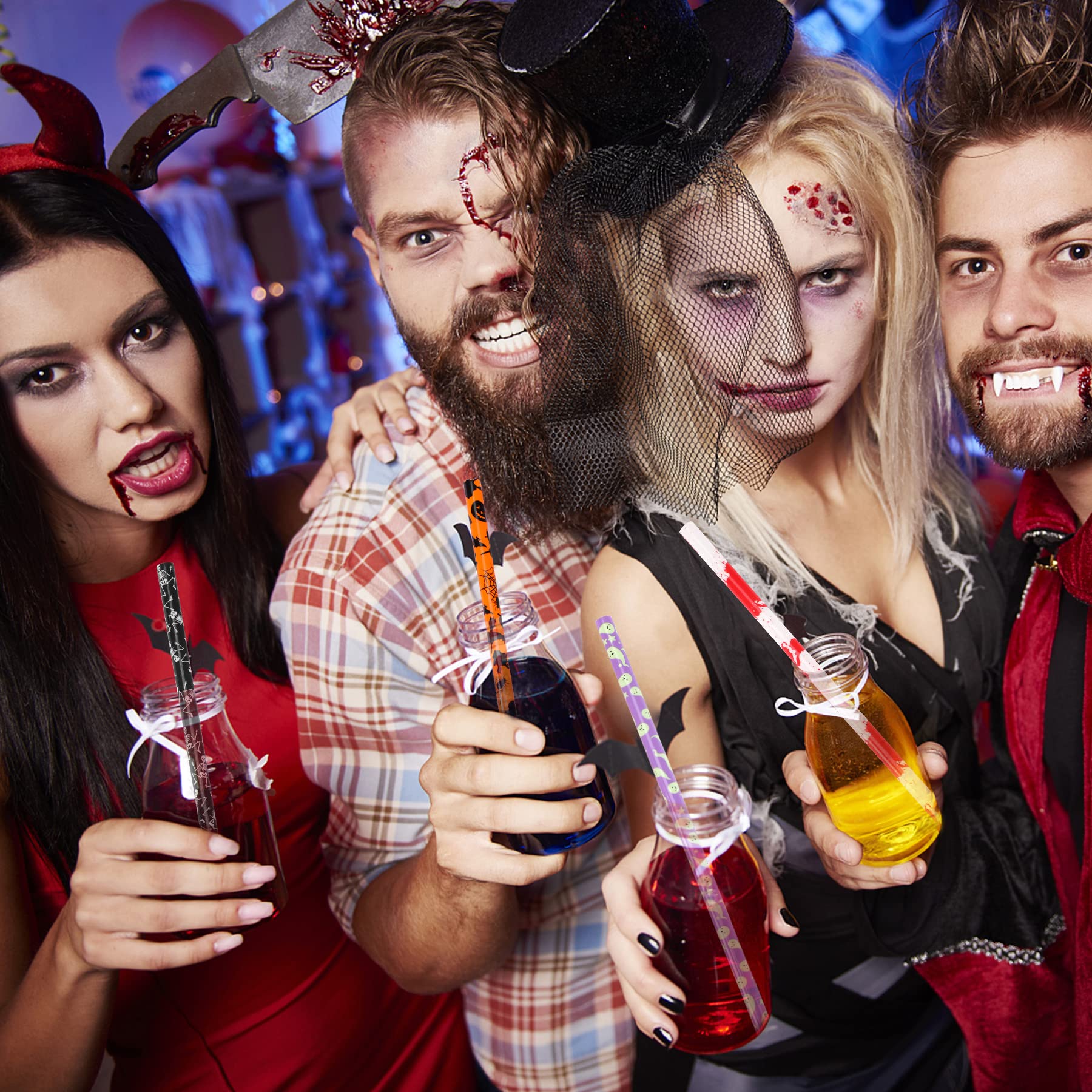 30PCS Assorted Halloween Reusable Straws – 6 Designs with Cleaning Brushes, Food-Grade Plastic for Party & Daily Drinks