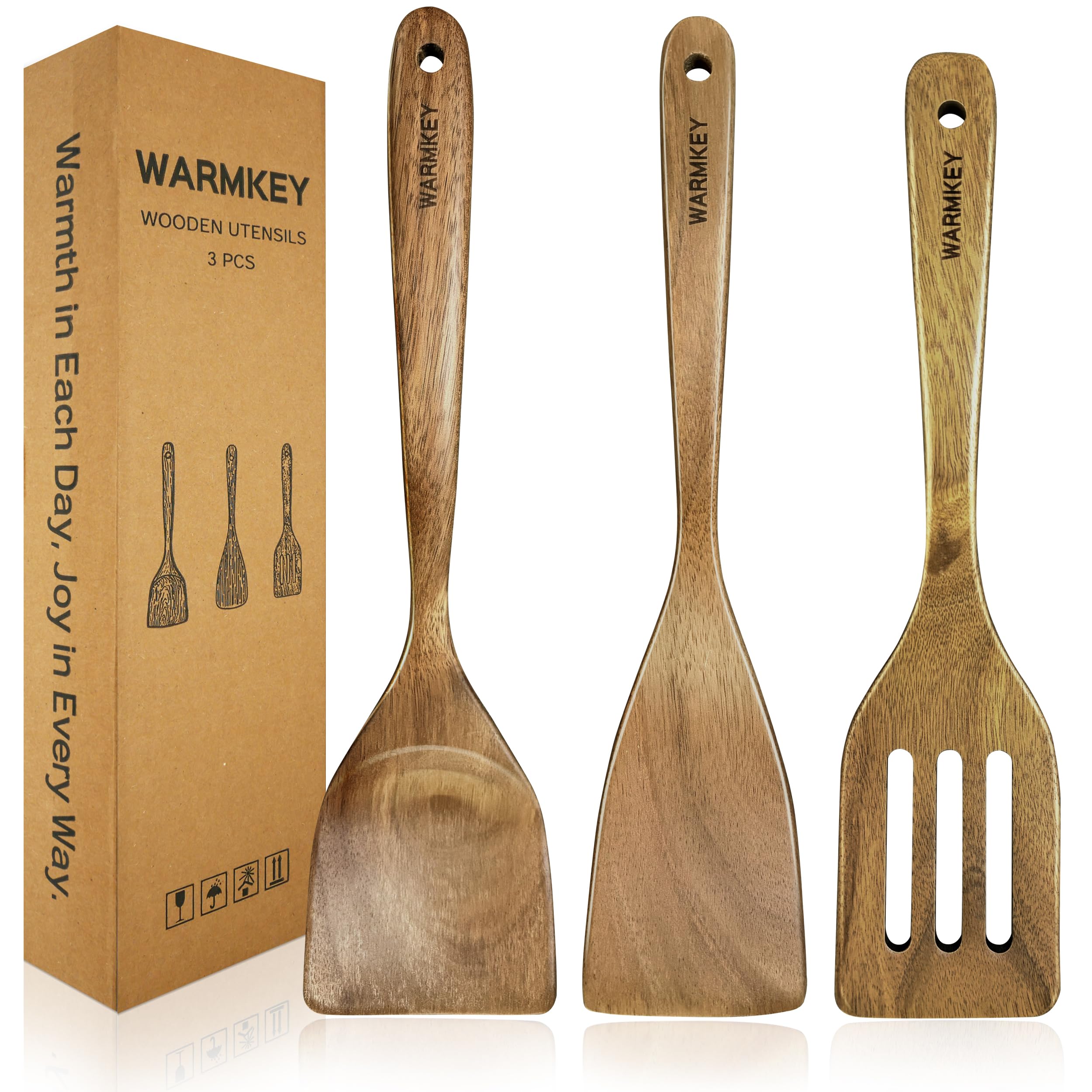 3-Piece Acacia Wood Spatula Set – Natural Wooden Cooking Utensils for Nonstick Cookware