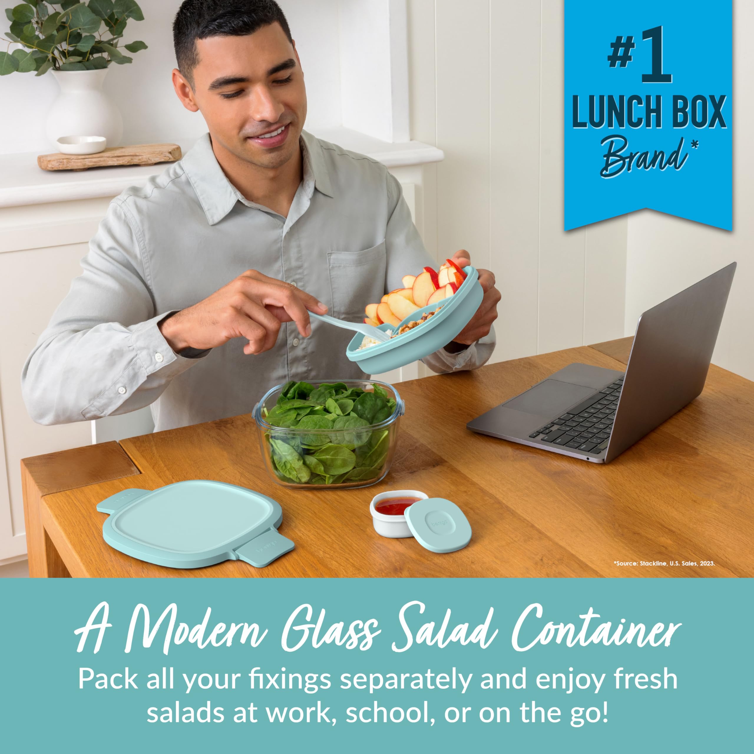 Bentgo Glass Salad Bowl – Airtight Stackable Lunch Container with Toppings Tray & Sauce Cup