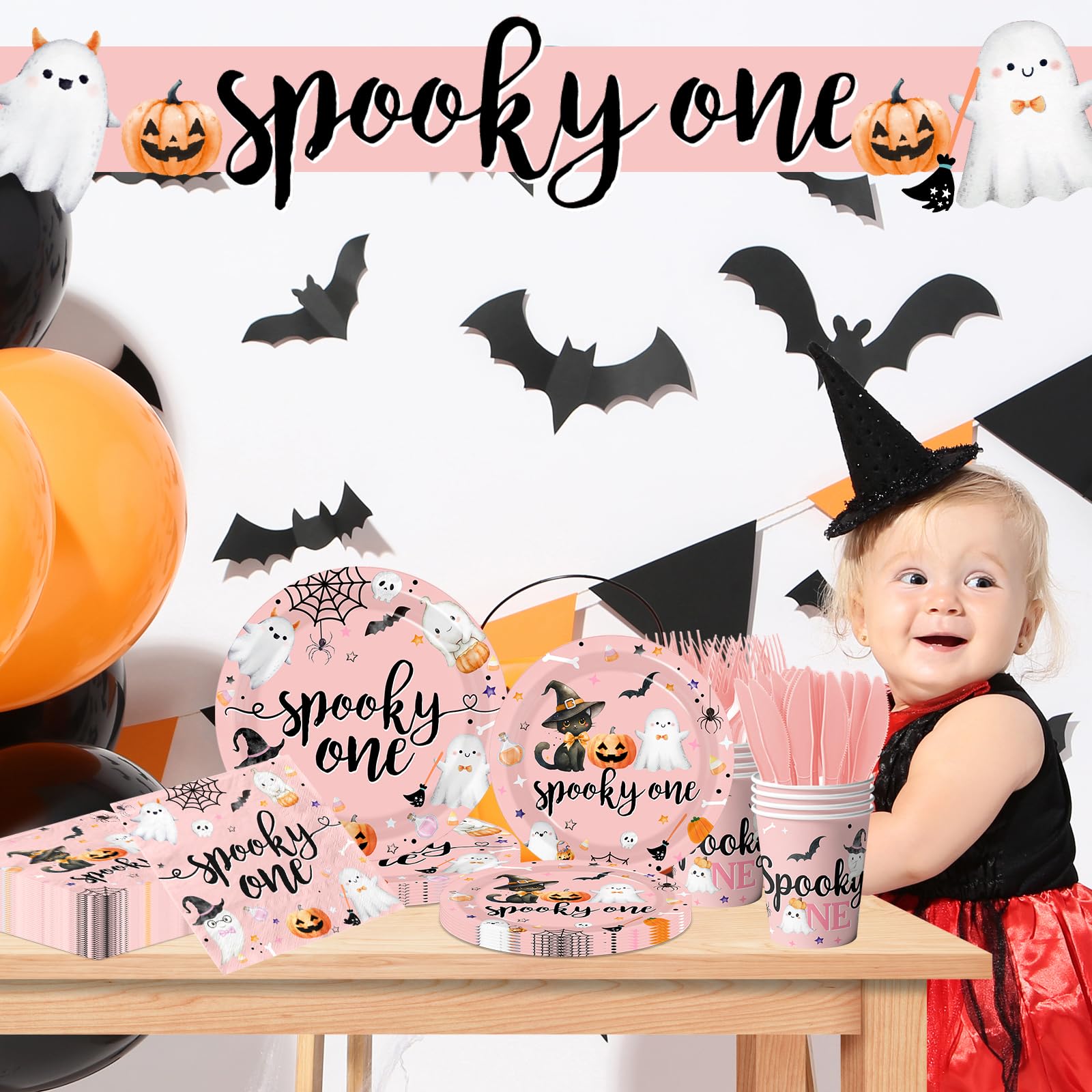 Halloween “Spooky One” 1st Birthday Party Tableware Set – Plates, Cups, Napkins, Cutlery (144 PCS)