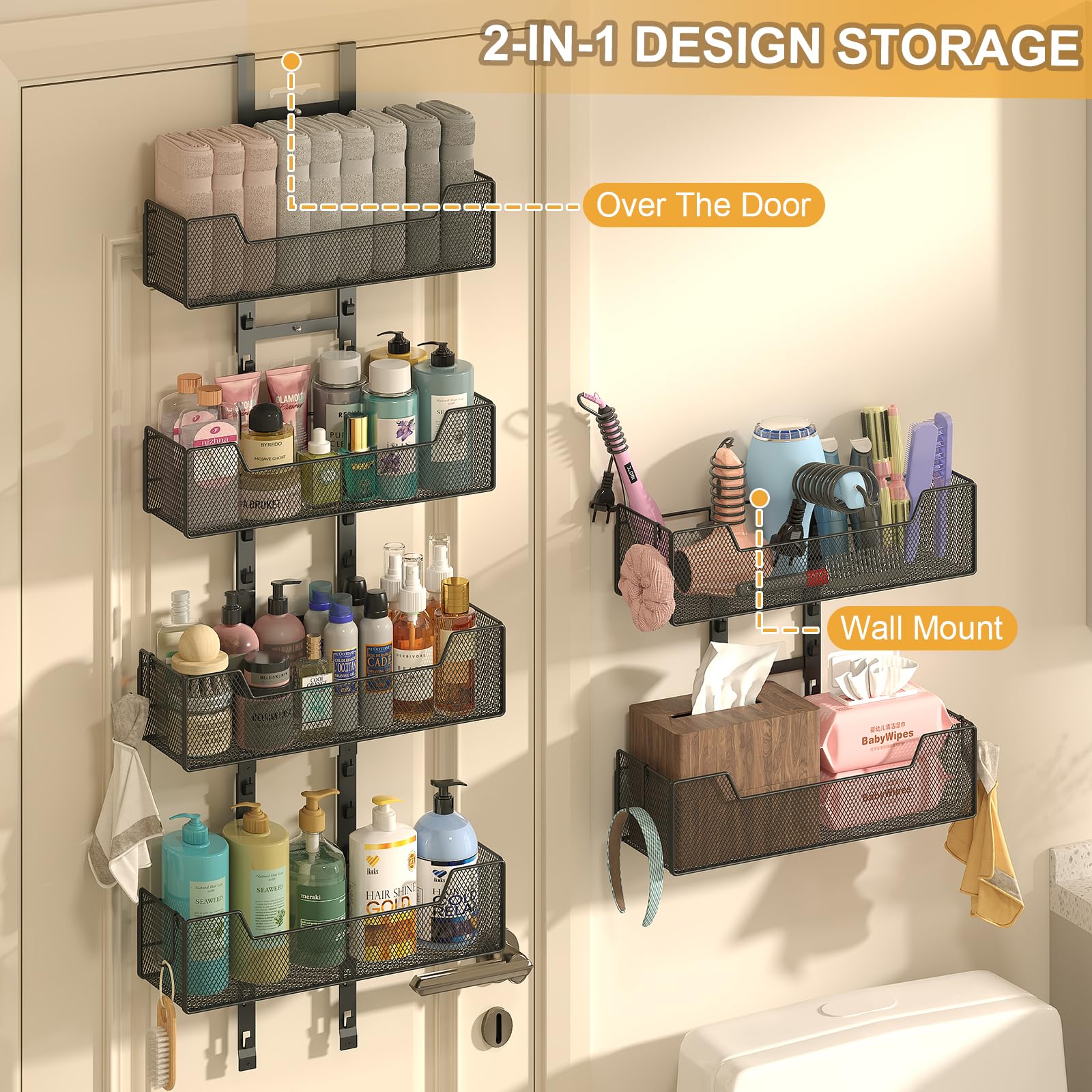 Hongtamoya Over-the-Door Metal Storage Organizer – 6 Adjustable Mesh Baskets & Hooks for Closet, Pantry & Bathroom (Black)