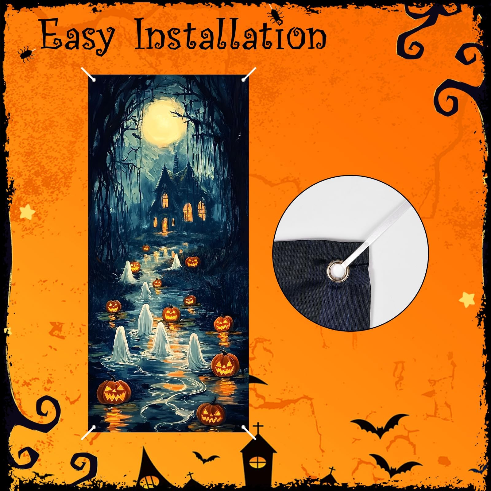Halloween Ghost Door Cover – Large 3D Printed Spooky Banner with Rope for Hanging, Durable Outdoor & Indoor Decoration (35x79 Inches, Multicolor)