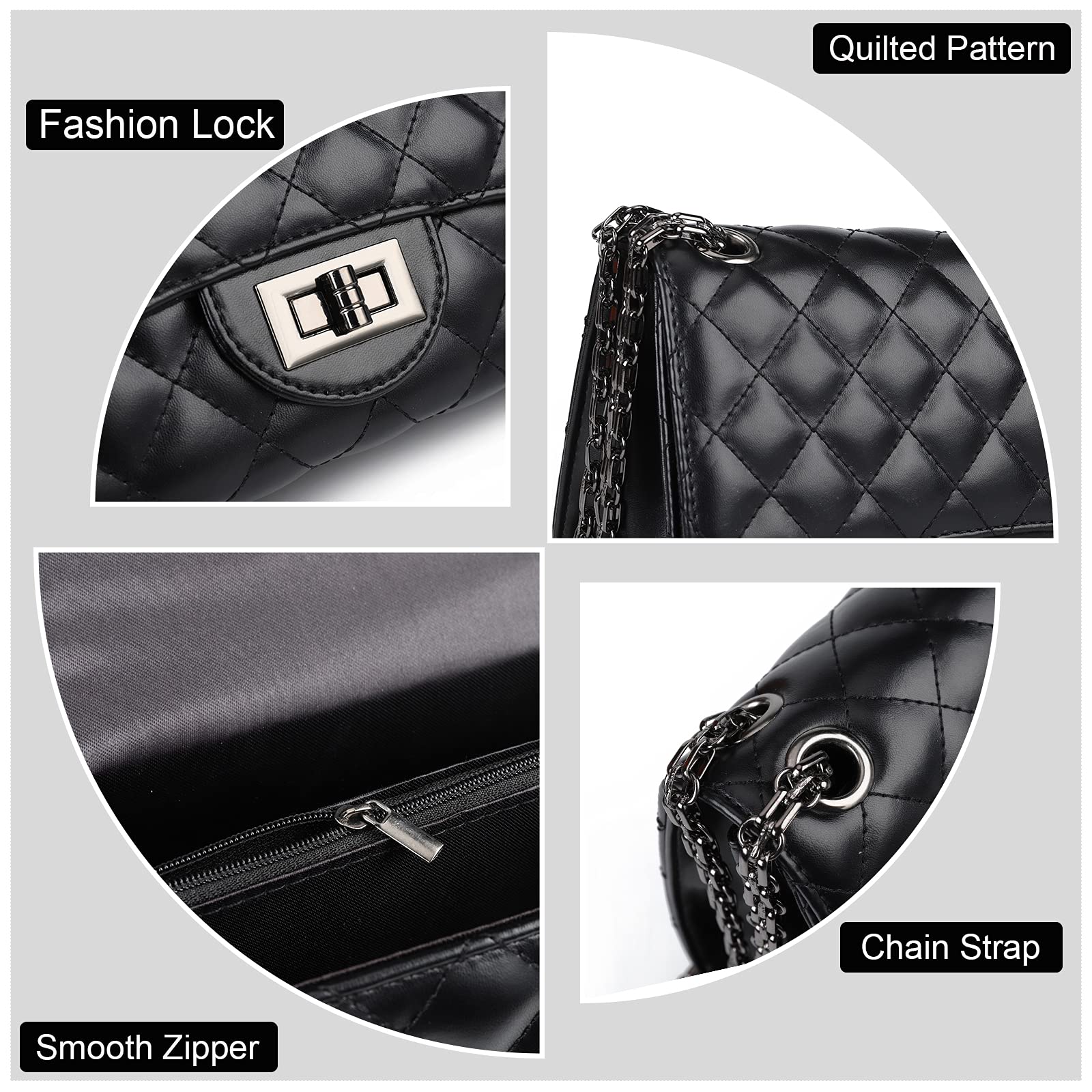 GLADDON Quilted Crossbody Purse for Women – Trendy Chain Shoulder & Underarm Designer Bag (Black)