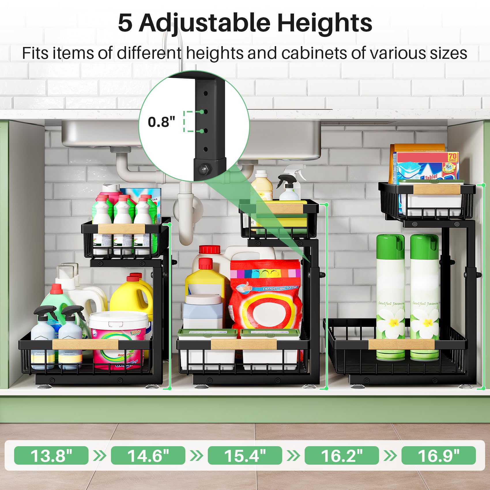 Heavy-Duty 2-Tier Under Sink Organizer with Adjustable Height – Sliding Cabinet Storage Rack (Black)