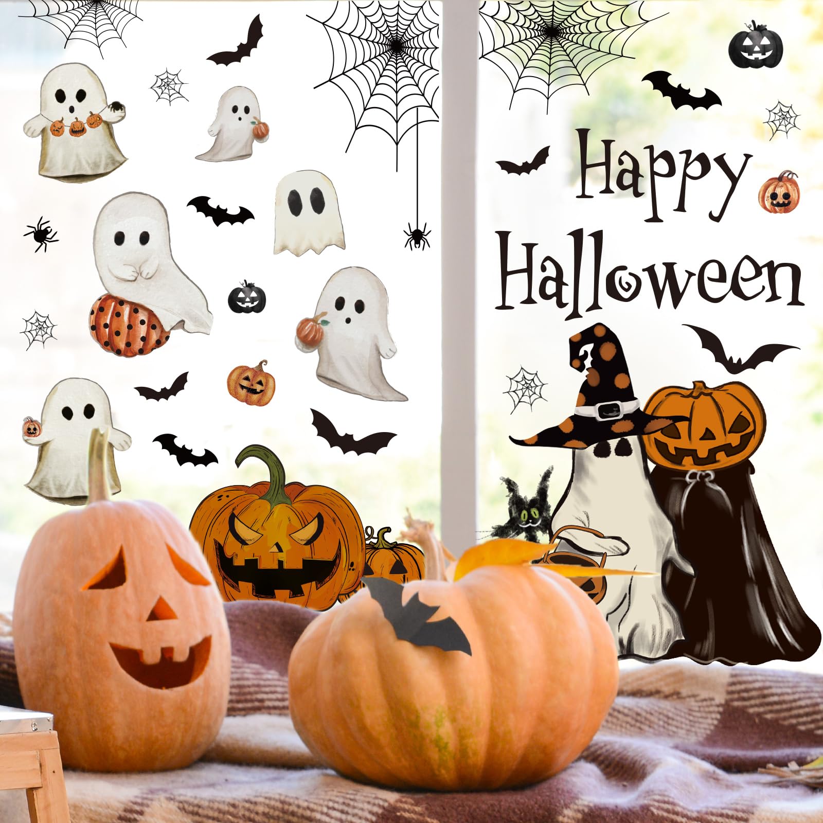 Vintage Halloween Window Clings – 6 Double-Sided PVC Sheets with Ghosts, Pumpkins, Cats & Bats