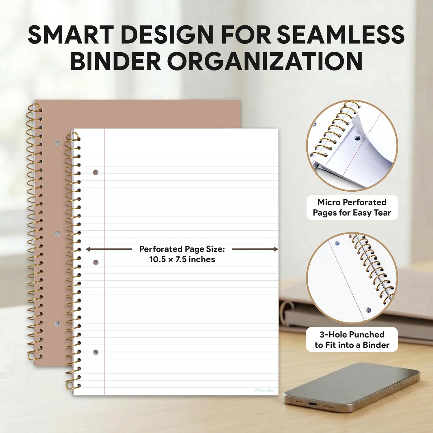Elegant 5-Pack College Ruled Spiral Notebooks with Gold Accents and Binder-Ready Pages