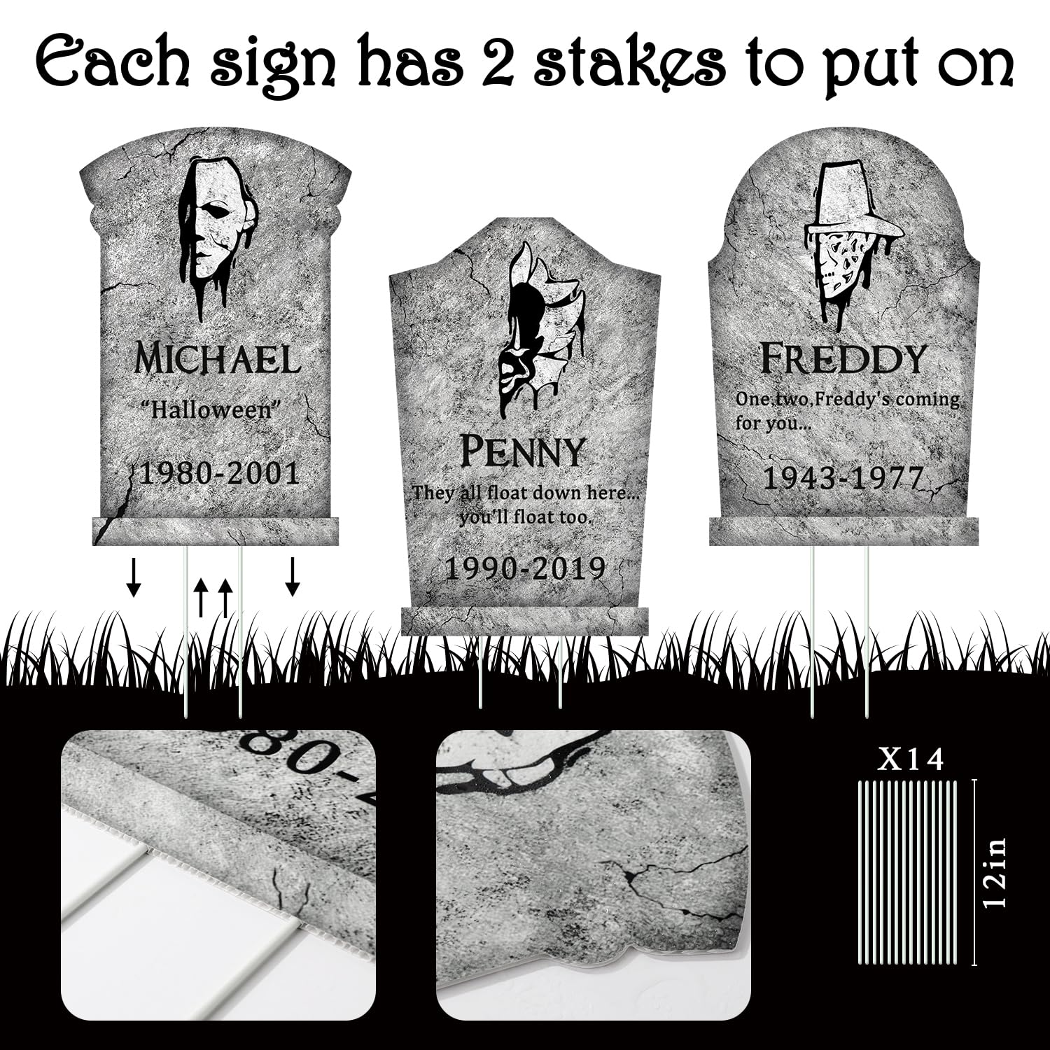 Halloween Tombstones Yard Decorations Set – 6 Stone Grey Plastic Gravestones with Stakes for Outdoor Graveyard Display