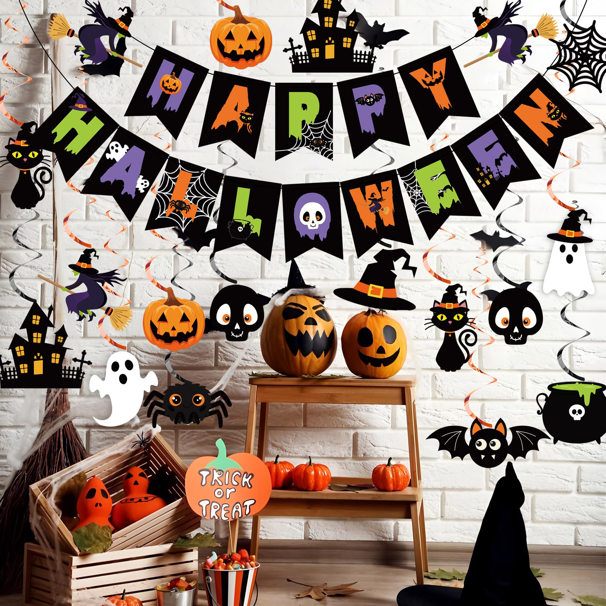 Happy Halloween Banner & Hanging Swirls Set – 32PCS Multicolor Party Decorations with Witches, Ghosts & Pumpkins