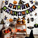 Happy Halloween Banner & Hanging Swirls Set – 32PCS Multicolor Party Decorations with Witches, Ghosts & Pumpkins