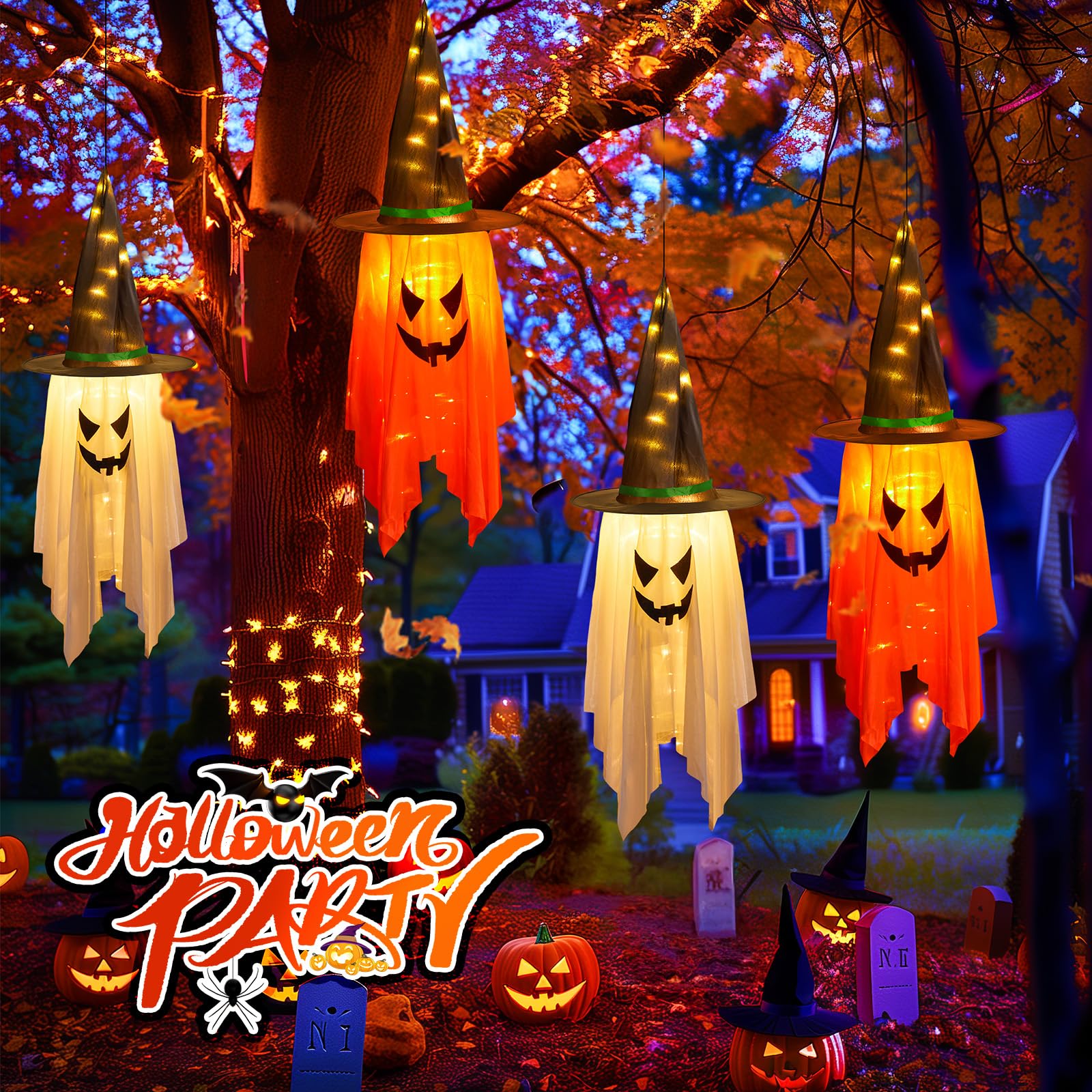 Lighted Hanging Witch Hats – 2-Pack Halloween Decorations with 20 LED Warm White Lights (Battery Operated, Indoor/Outdoor)