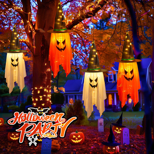 Lighted Hanging Witch Hats – 2-Pack Halloween Decorations with 20 LED Warm White Lights (Battery Operated, Indoor/Outdoor)