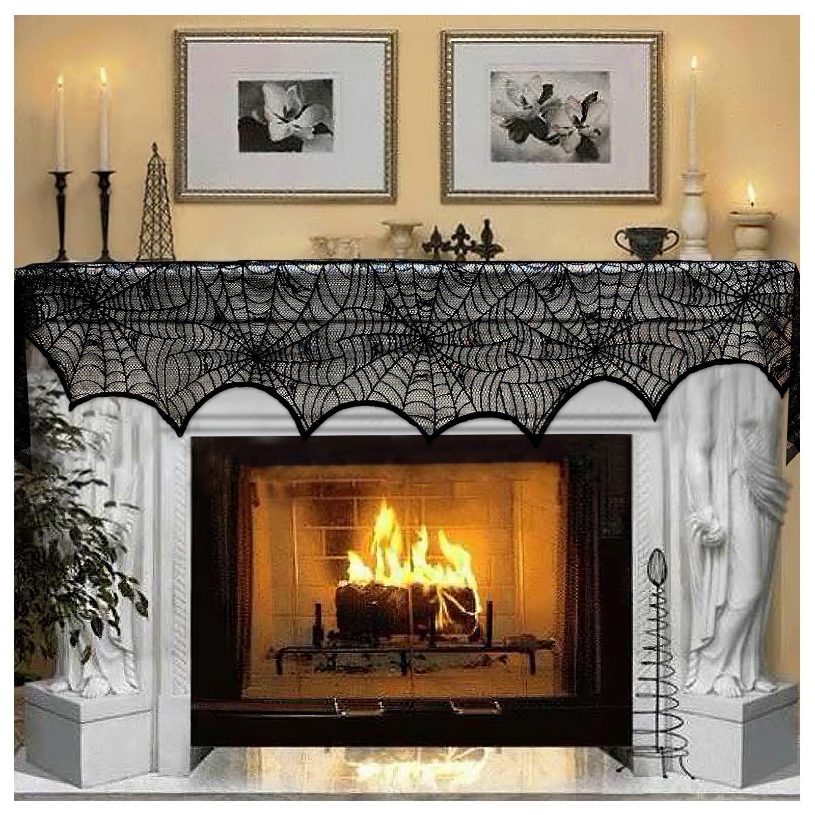 Black Lace Spider Web Mantel Scarf – Elegant Halloween Fireplace Decoration for Spooky Home Décor (18x96 Inches)