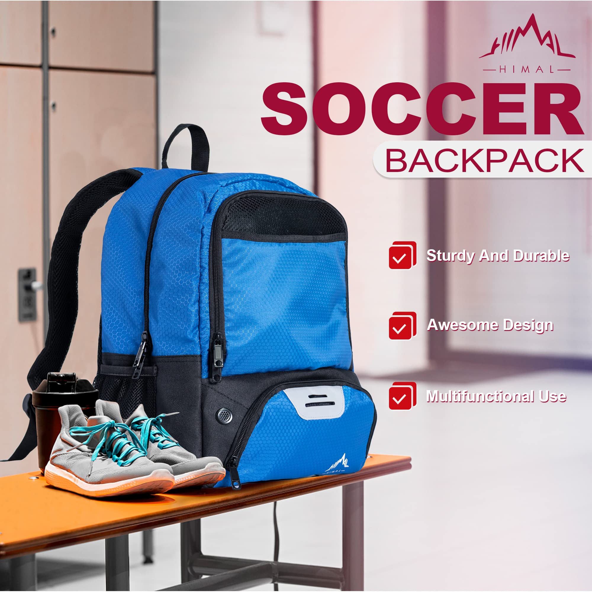 HIMAL OUTDOORS Soccer Backpack – Sports Gear Bag with Ball Holder & Separate Cleat Compartment (Blue)