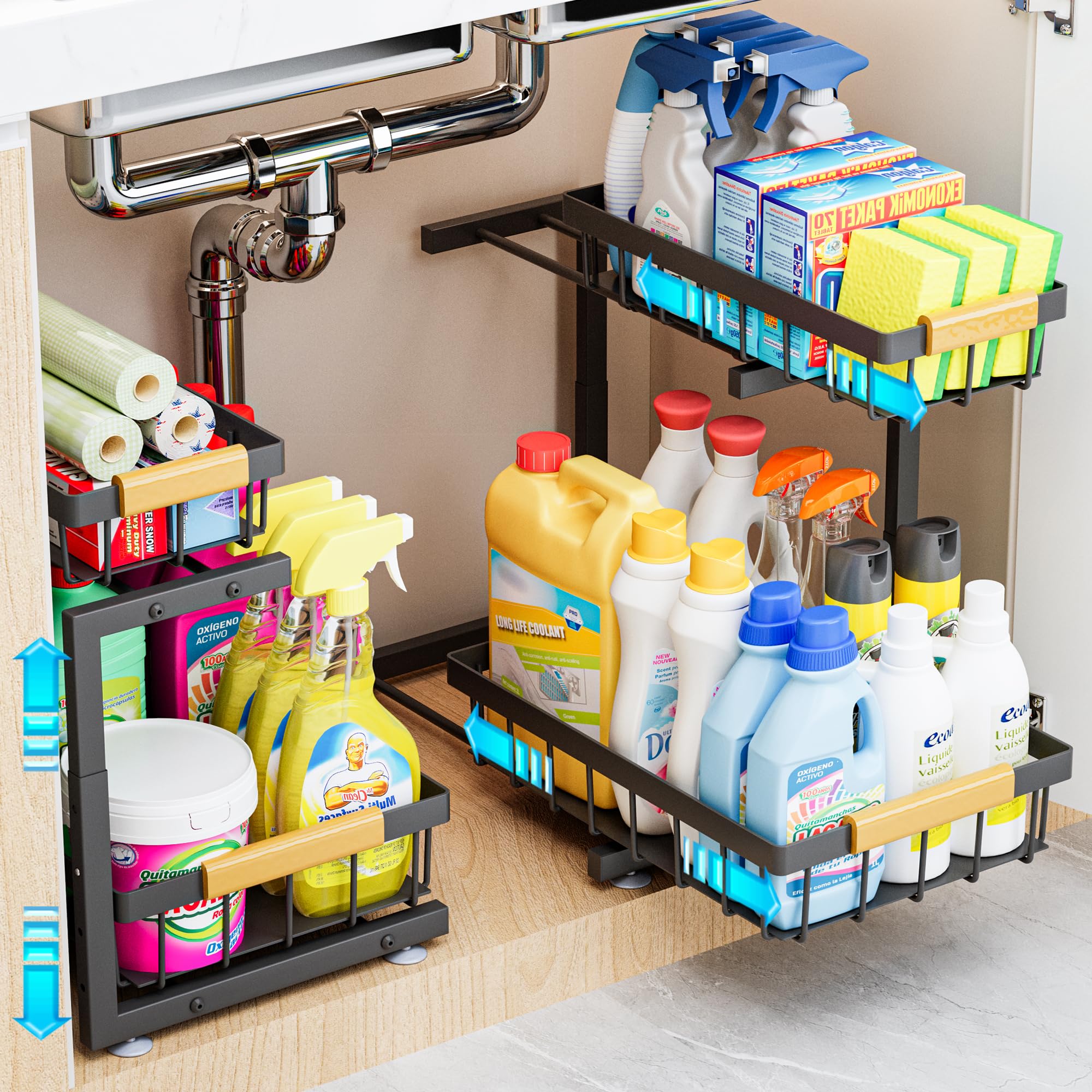 ADBIU Black Adjustable Under Sink Organizer – 2-Tier Pull-Out Cabinet Storage with Expandable Height (2 Pack)