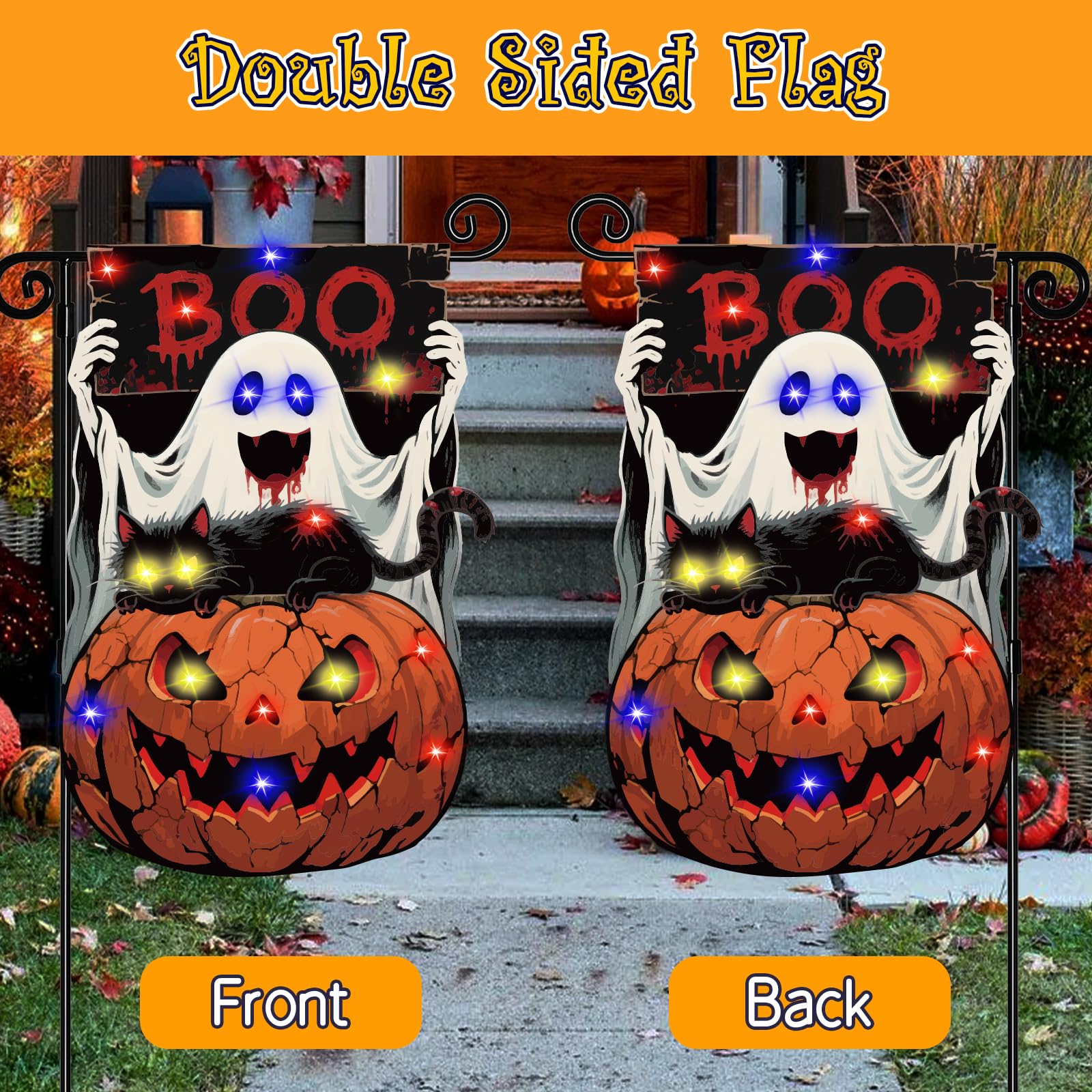 Halloween Solar Garden Flag 12x18" – Pumpkin LED Outdoor Yard Banner, Double-Sided UV-Resistant Oxford Décor
