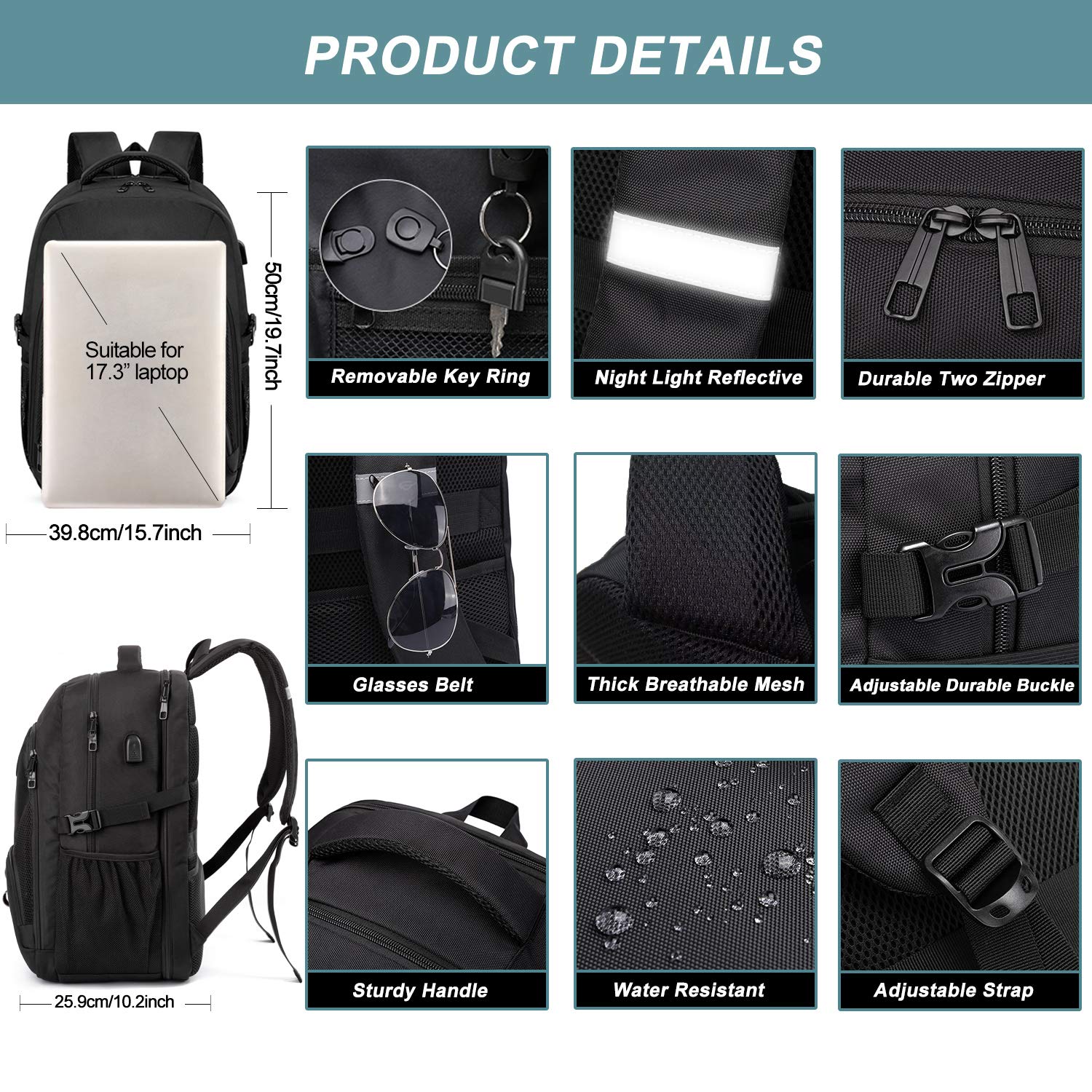 Extra Large 50L Travel Laptop Backpack for Men & Women, TSA Friendly, USB Charging, Anti-Theft Design
